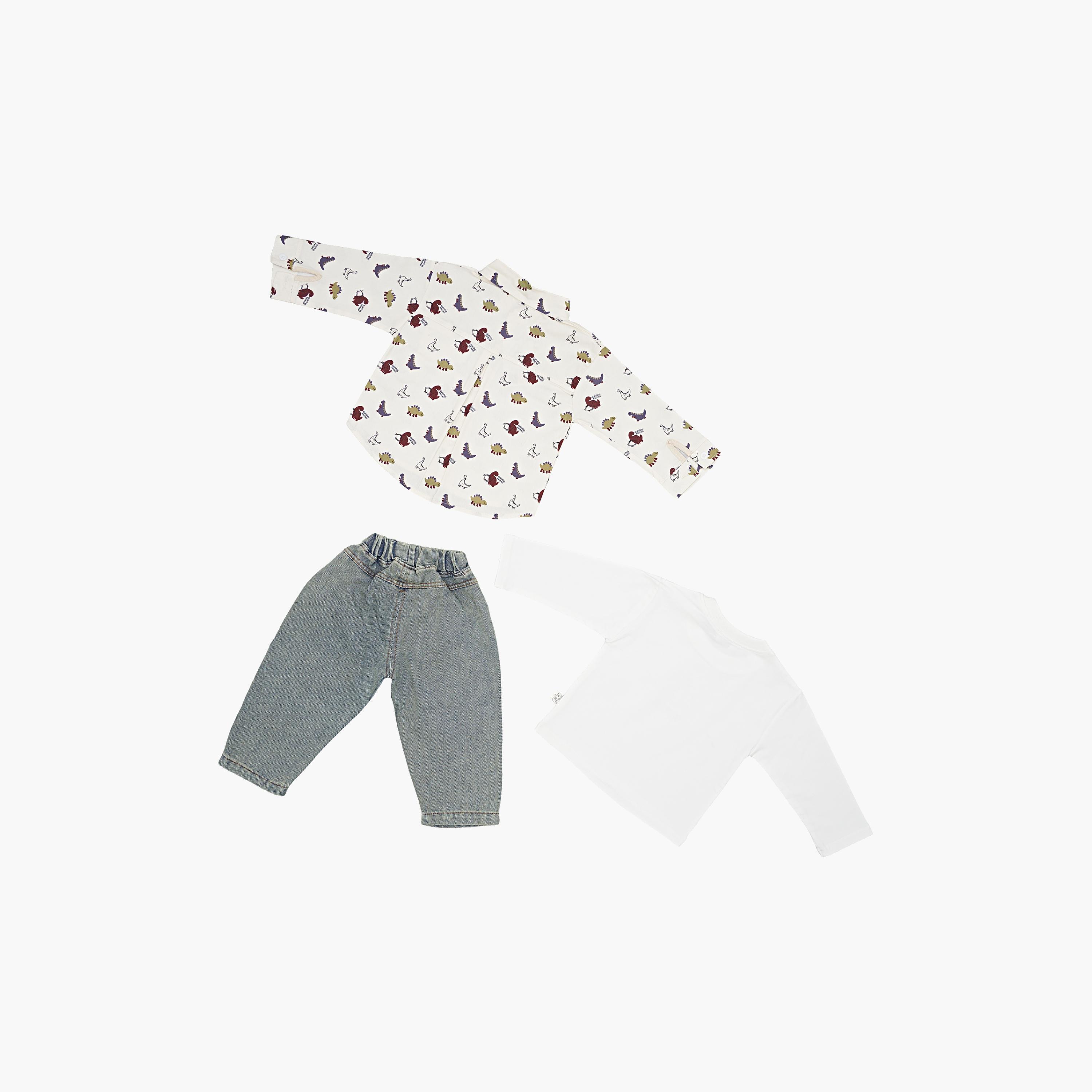 Babyqlo 3-Piece Dinosaur Printed Shirt, T-Shirt and Denim Set-boys-clothing-setsandcoords-image-2