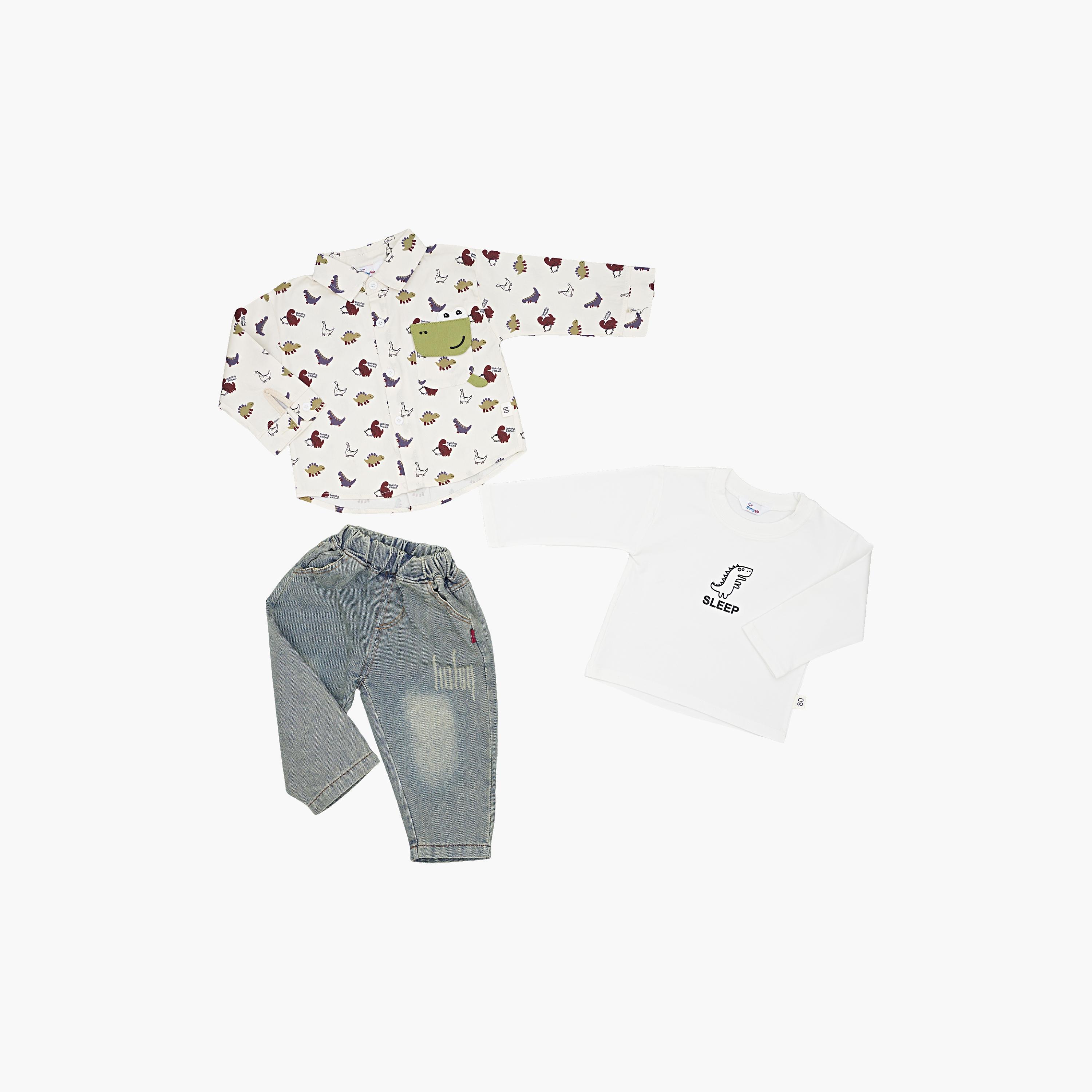 Babyqlo 3-Piece Dinosaur Printed Shirt, T-Shirt and Denim Set-boys-clothing-setsandcoords-image-3