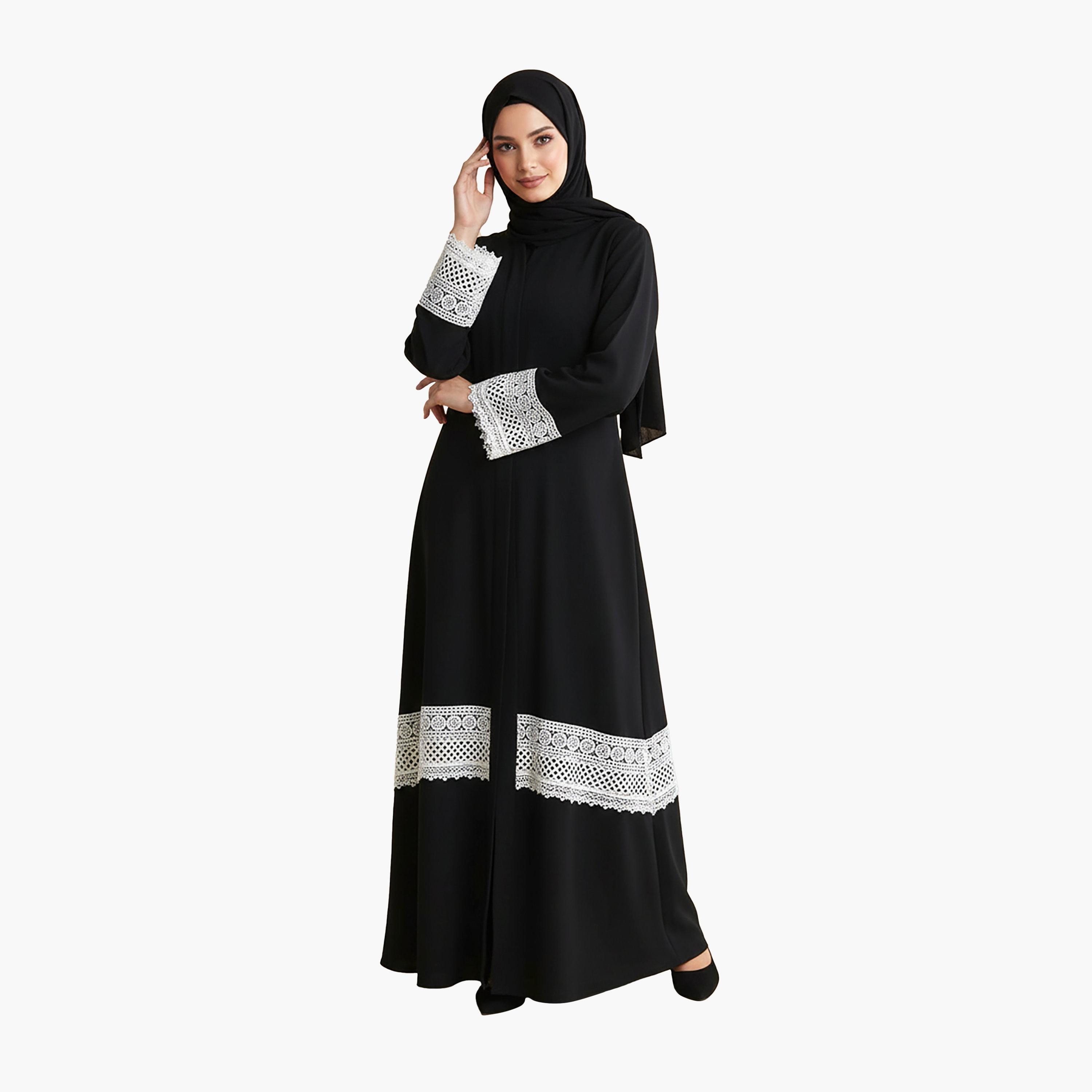 Nukhbaa Black Crochet Lace Detailed Nida Women's Abaya with Hijab-women-arabicclothing-abayas-image-1