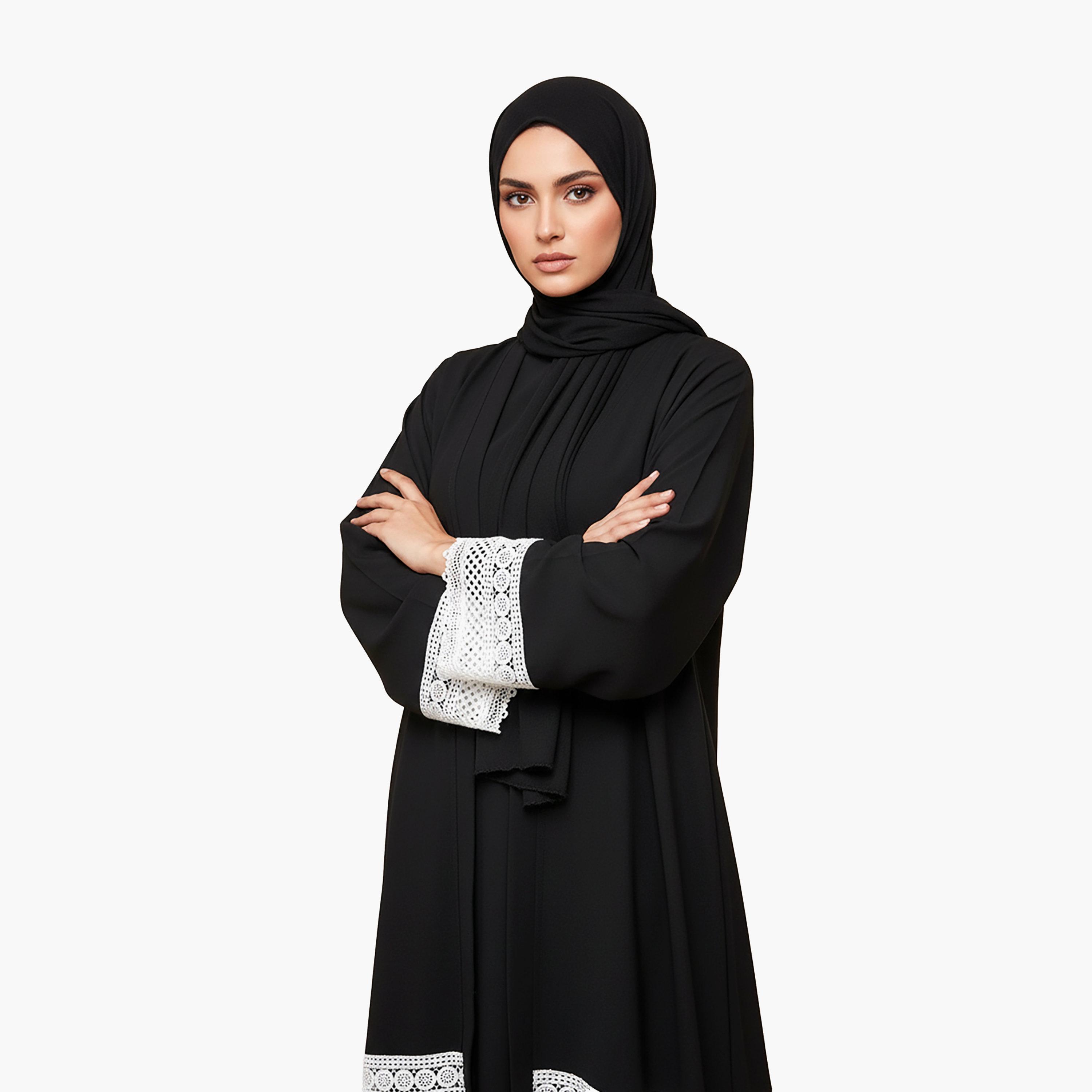Nukhbaa Black Crochet Lace Detailed Nida Women's Abaya with Hijab-women-arabicclothing-abayas-image-2