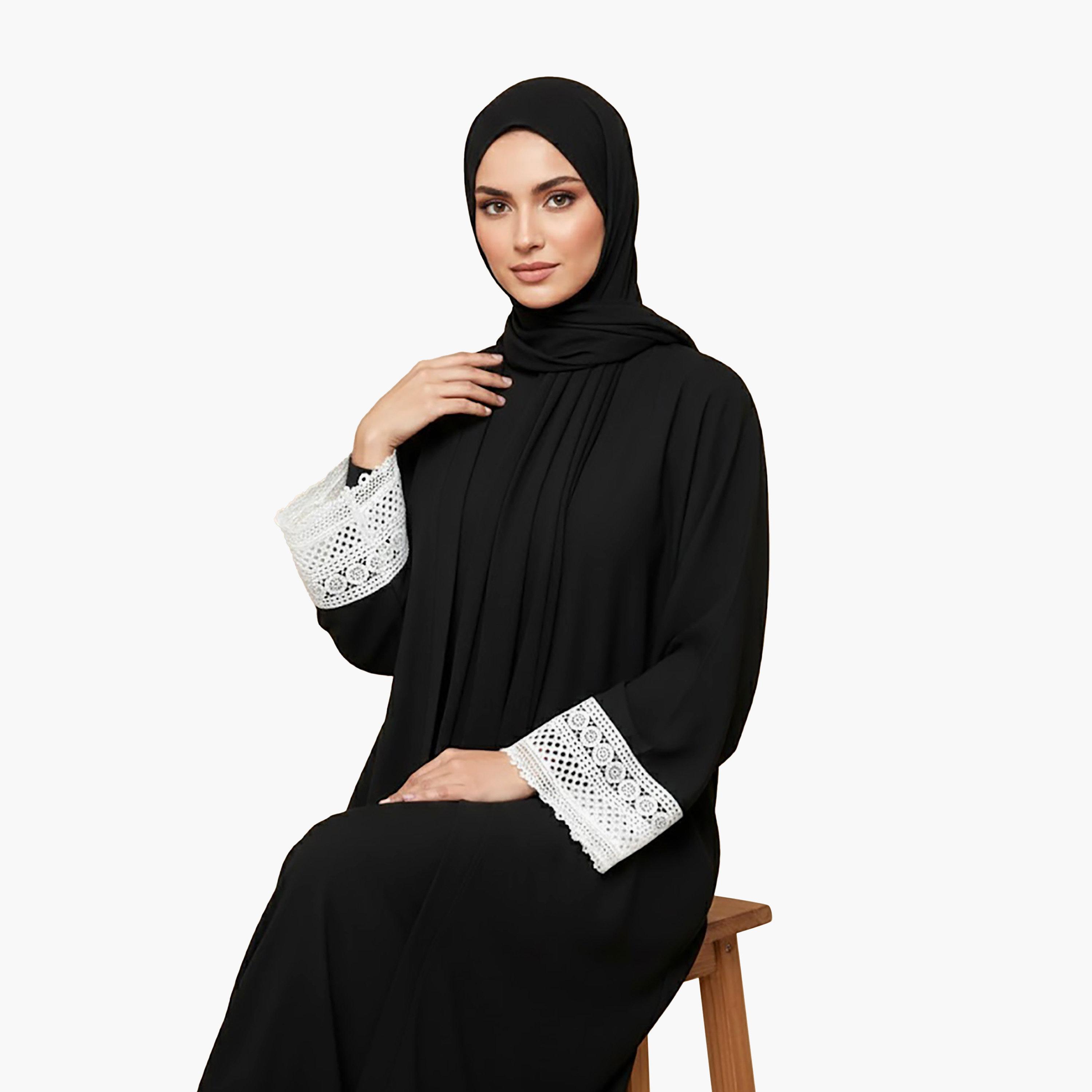 Nukhbaa Black Crochet Lace Detailed Nida Women's Abaya with Hijab-women-arabicclothing-abayas-image-3