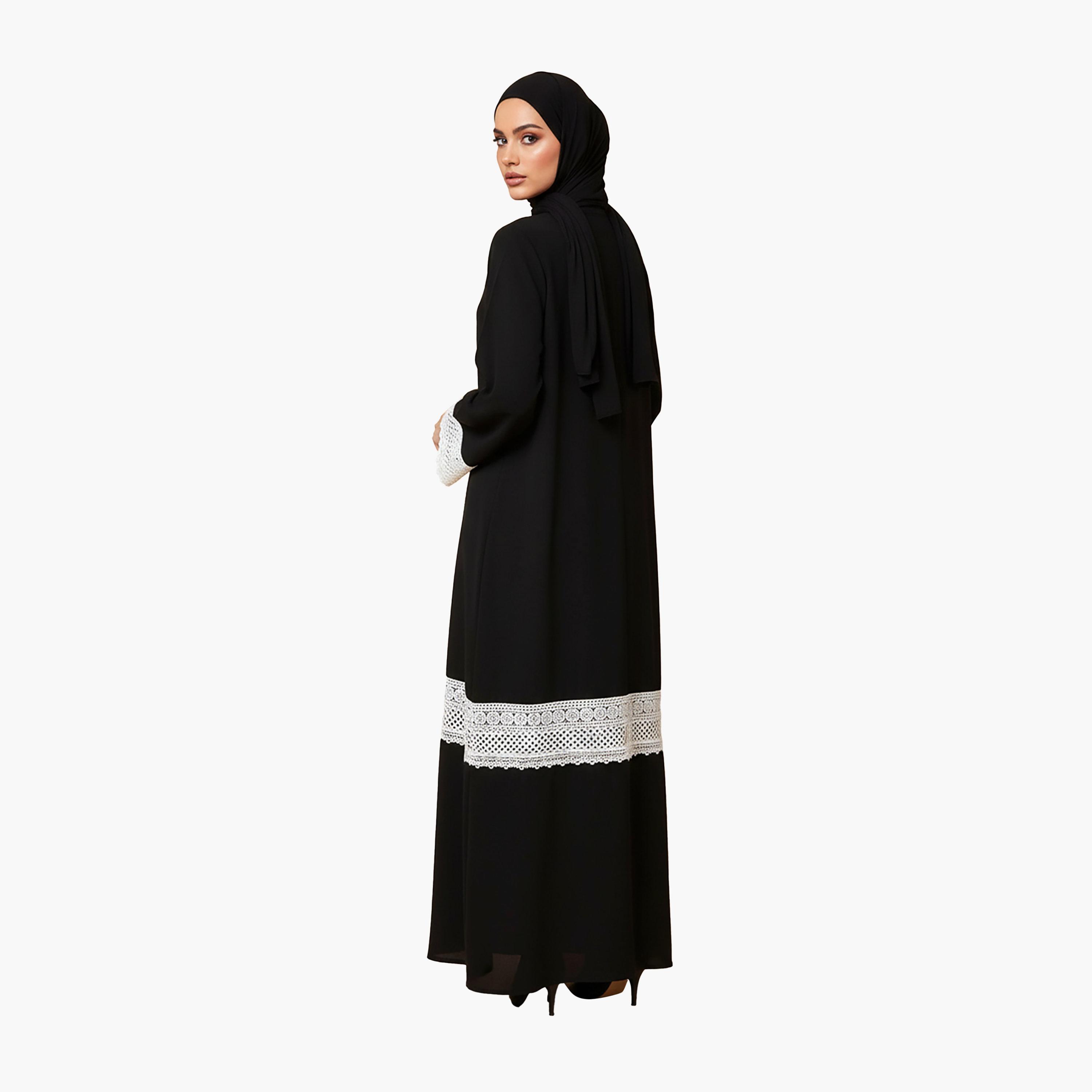 Nukhbaa Black Crochet Lace Detailed Nida Women's Abaya with Hijab-women-arabicclothing-abayas-image-4
