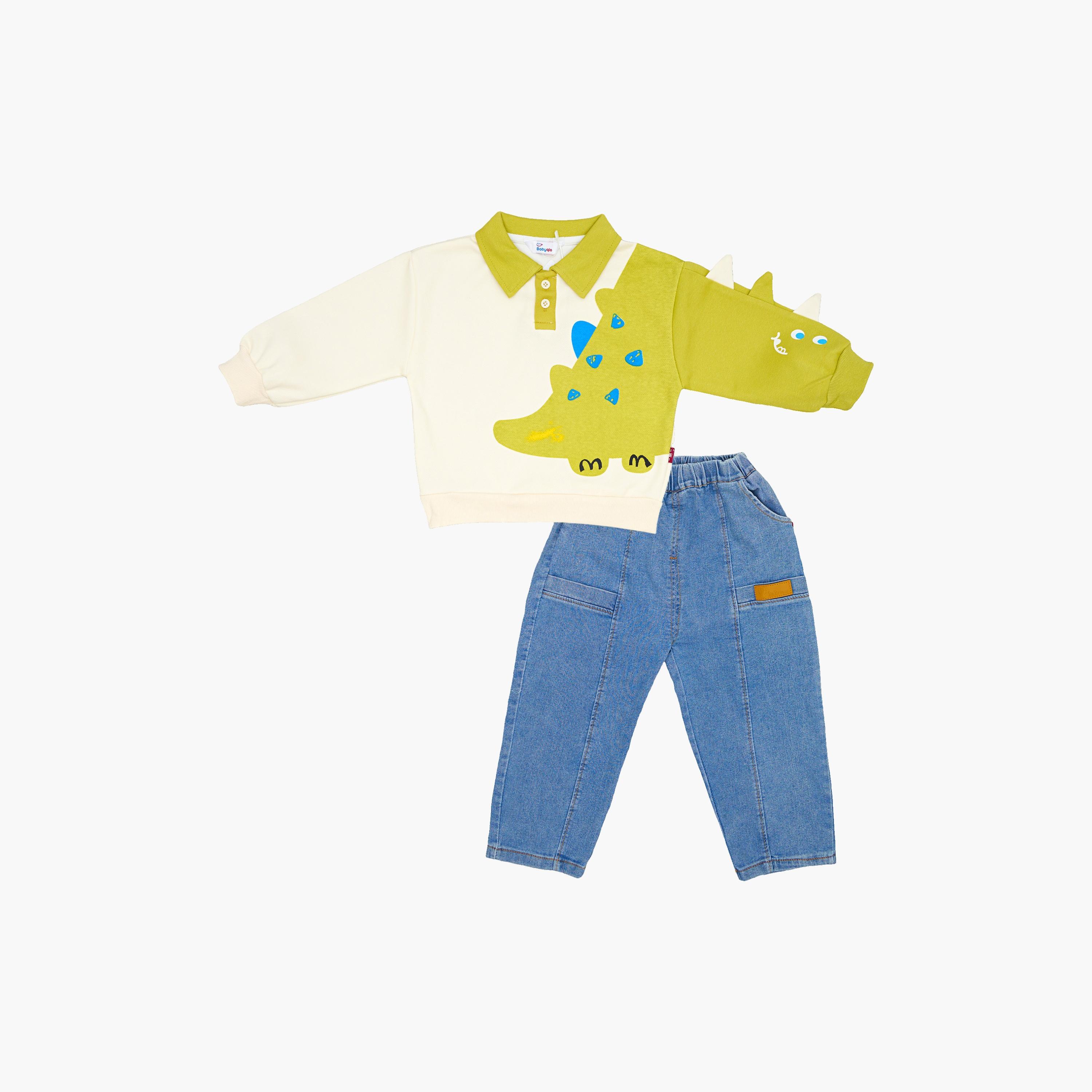 طقم من قطعتين: تيشيرت بولو مطبوع بطبعة ديناصور مع بنطال جينز من بيبيكلو-boys-clothing-setsandcoords-image-1