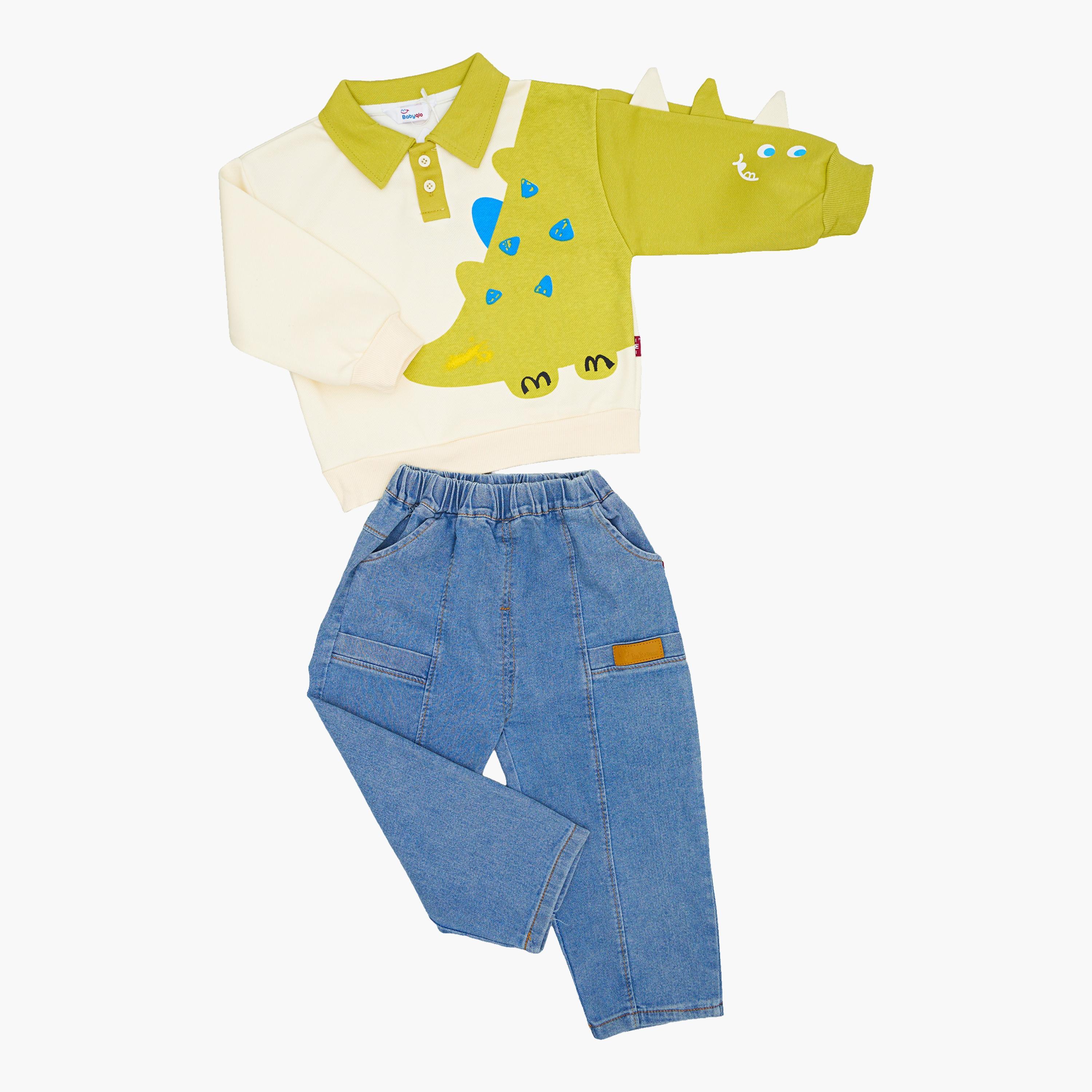 طقم من قطعتين: تيشيرت بولو مطبوع بطبعة ديناصور مع بنطال جينز من بيبيكلو-boys-clothing-setsandcoords-image-2