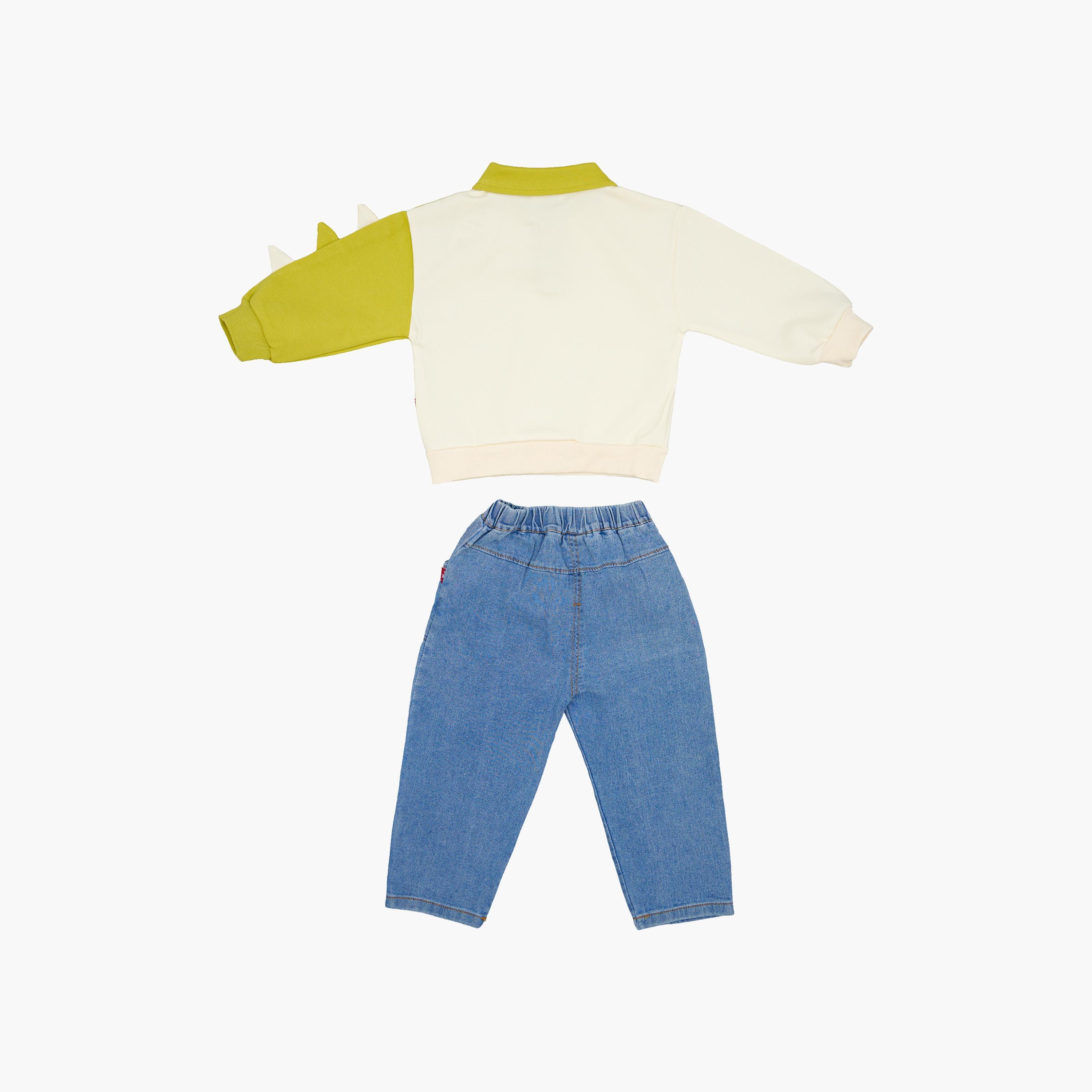 طقم من قطعتين: تيشيرت بولو مطبوع بطبعة ديناصور مع بنطال جينز من بيبيكلو-boys-clothing-setsandcoords-image-3