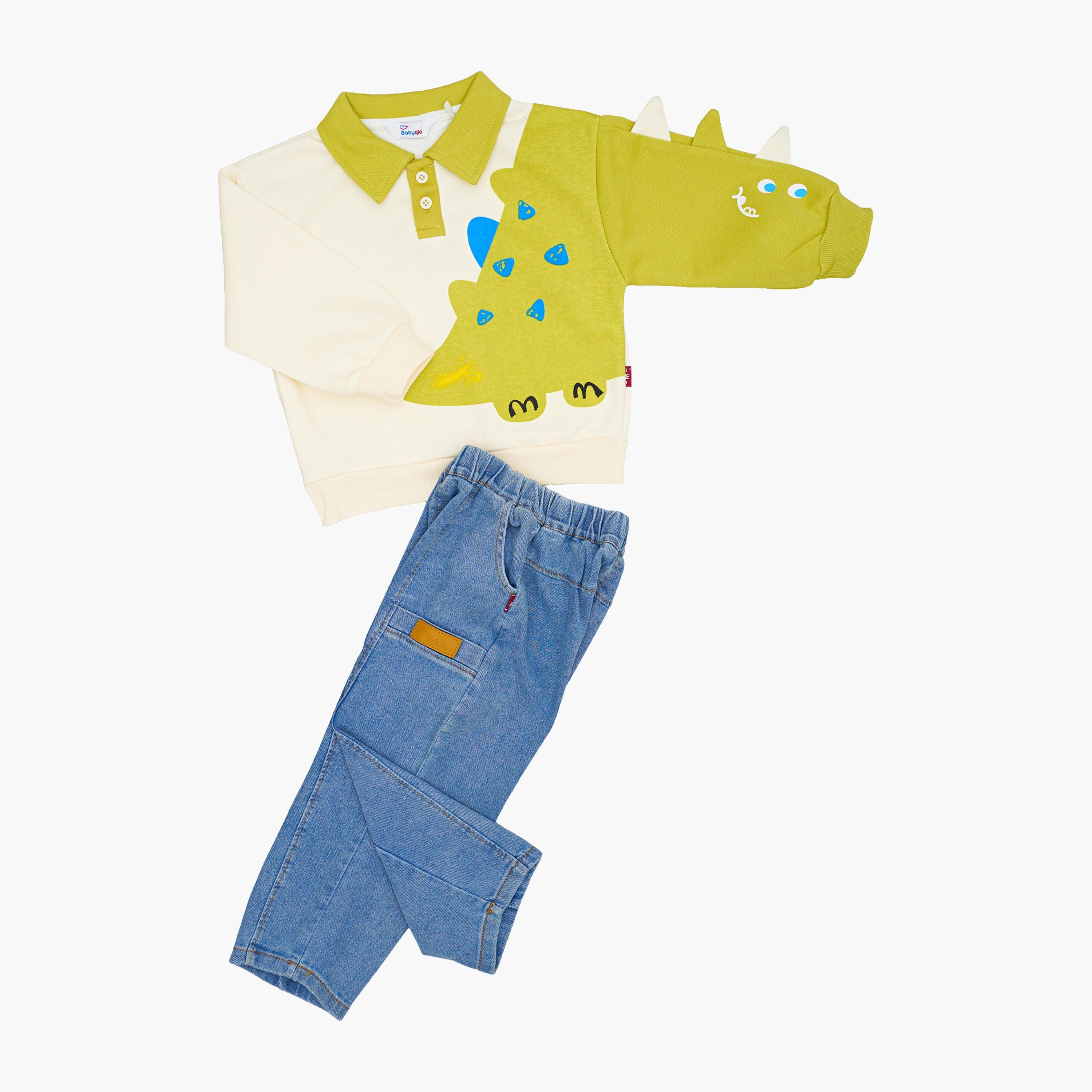 طقم من قطعتين: تيشيرت بولو مطبوع بطبعة ديناصور مع بنطال جينز من بيبيكلو-boys-clothing-setsandcoords-image-4