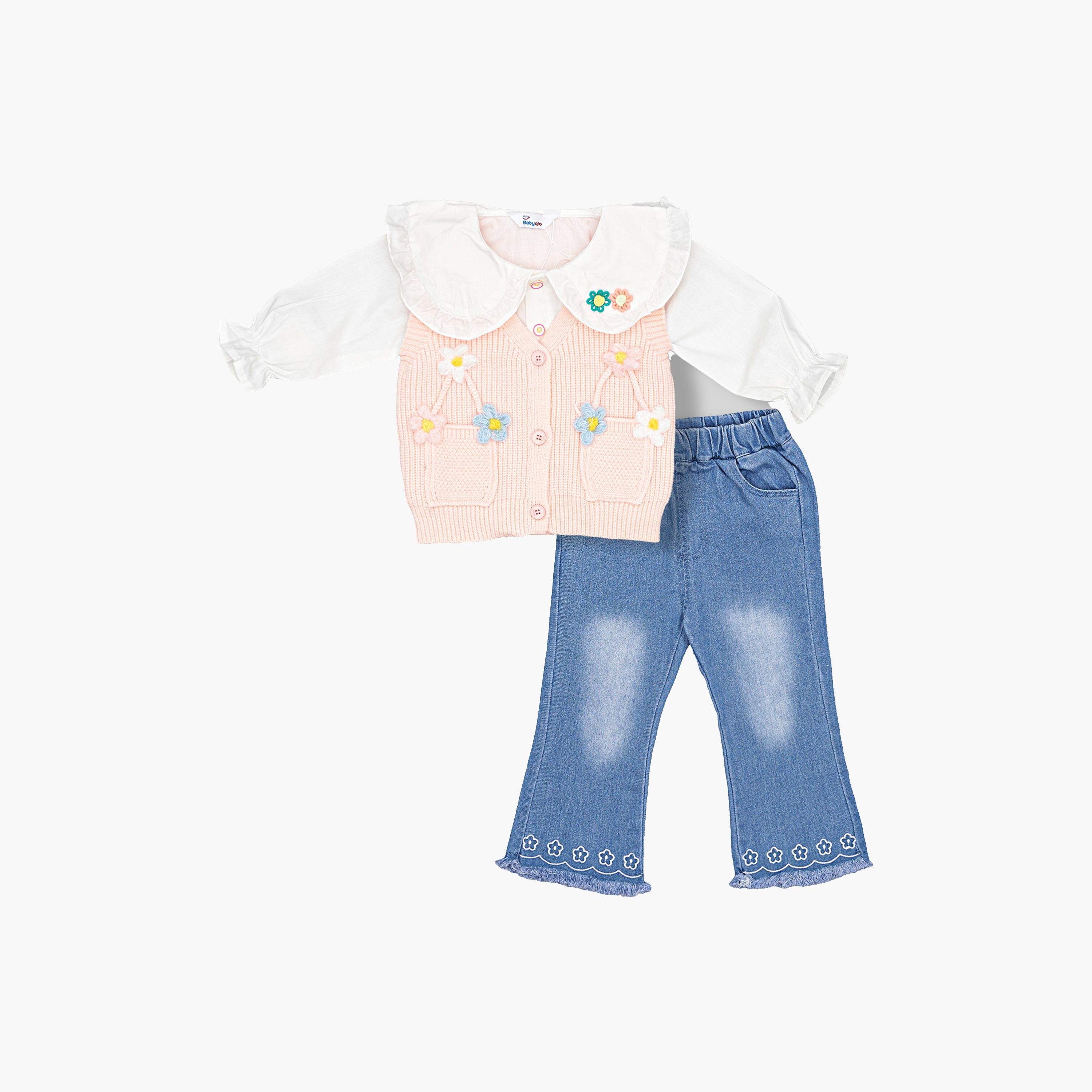 Babyqlo 3-Piece Floral Knitted Vest, Shirt and Jeans Set-girls-clothing-setsandcoords-image-1