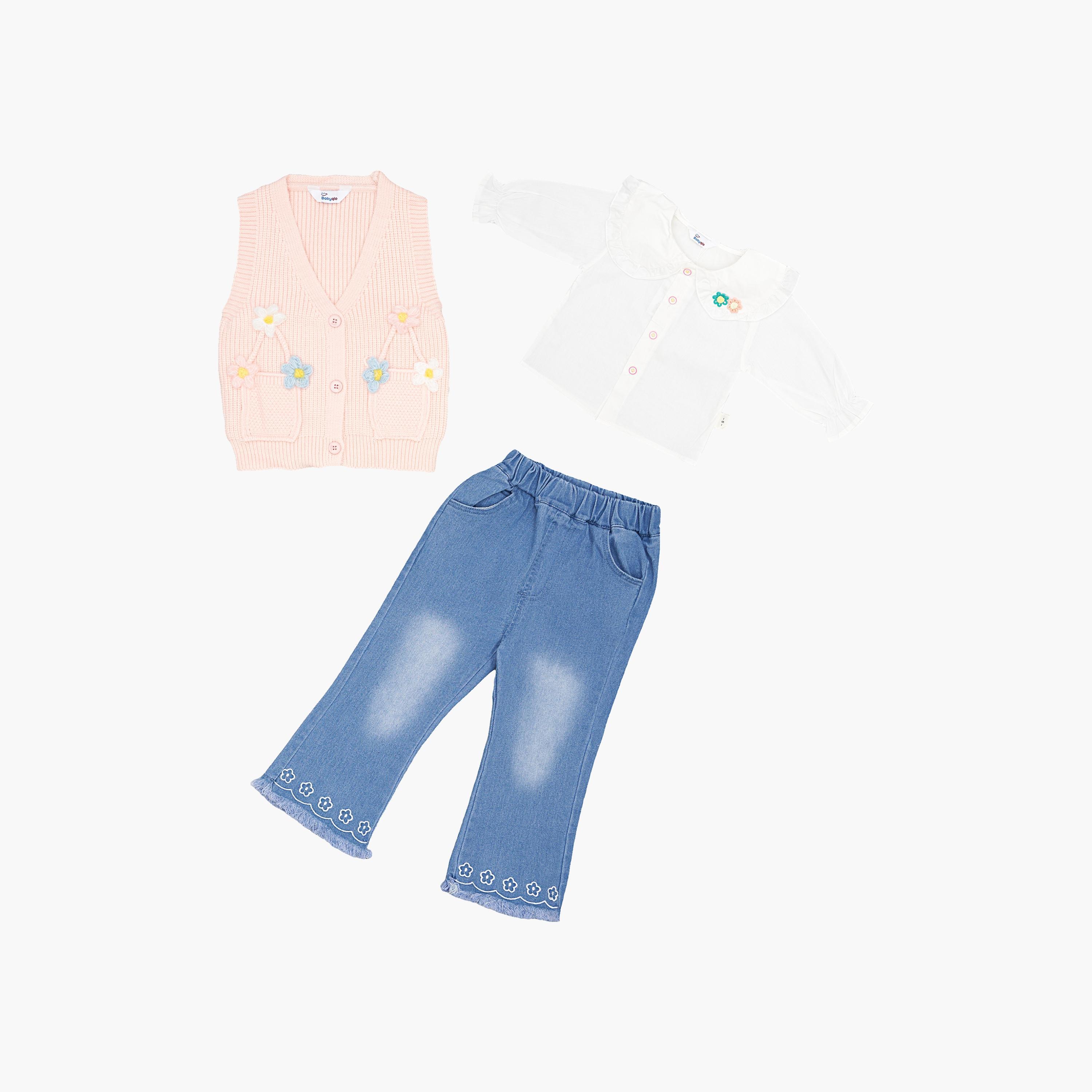 Babyqlo 3-Piece Floral Knitted Vest, Shirt and Jeans Set-girls-clothing-setsandcoords-image-2