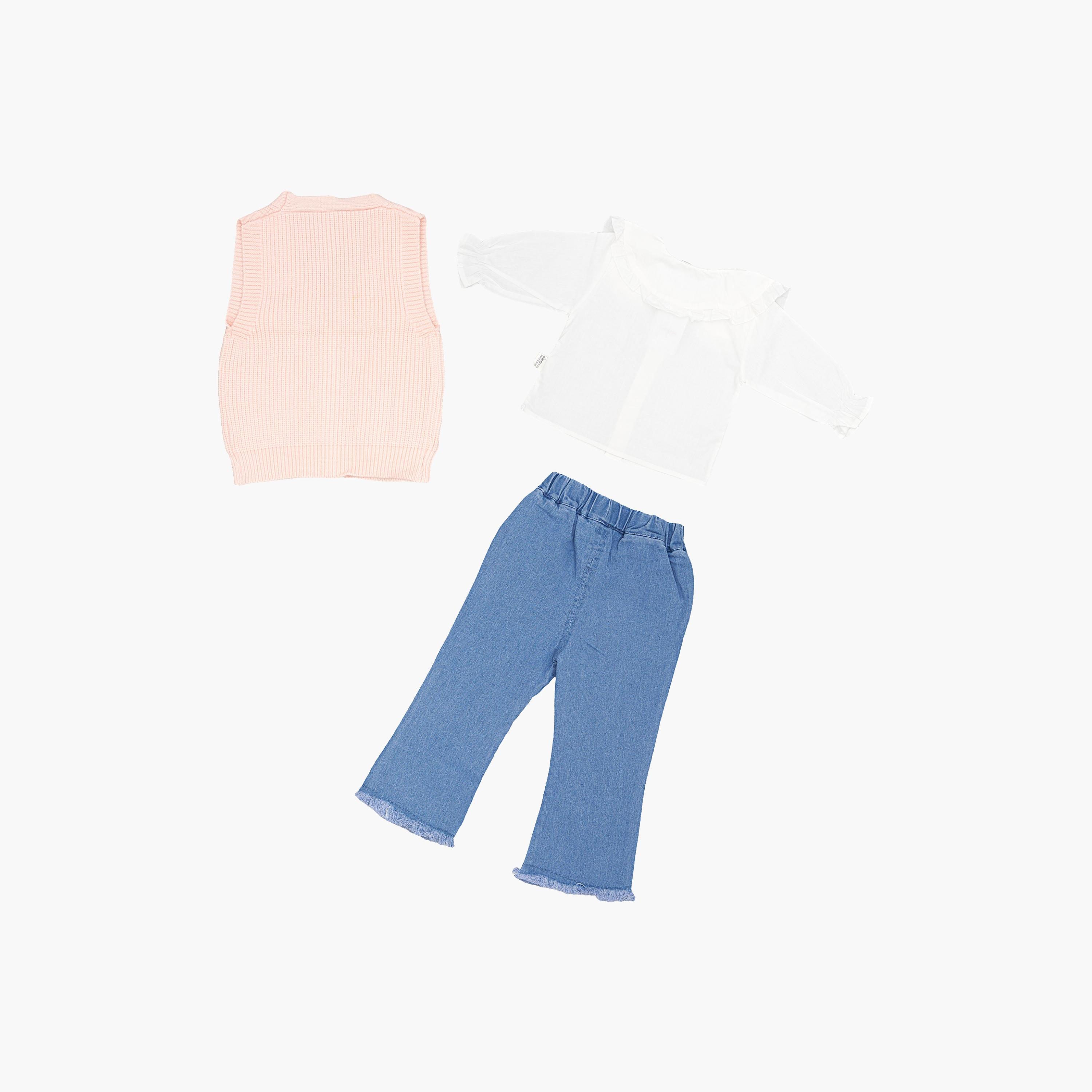 Babyqlo 3-Piece Floral Knitted Vest, Shirt and Jeans Set-girls-clothing-setsandcoords-image-3
