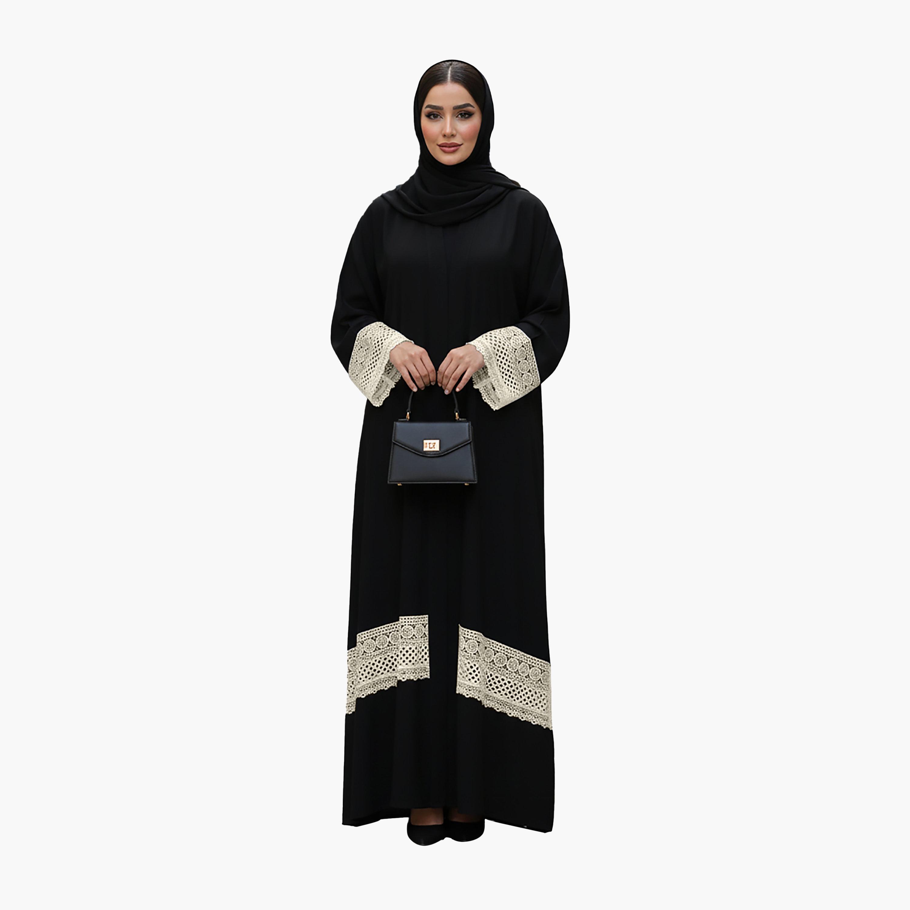 Nukhbaa Black Crochet Lace Detailed Nida Women's Abaya with Hijab-women-arabicclothing-abayas-image-1