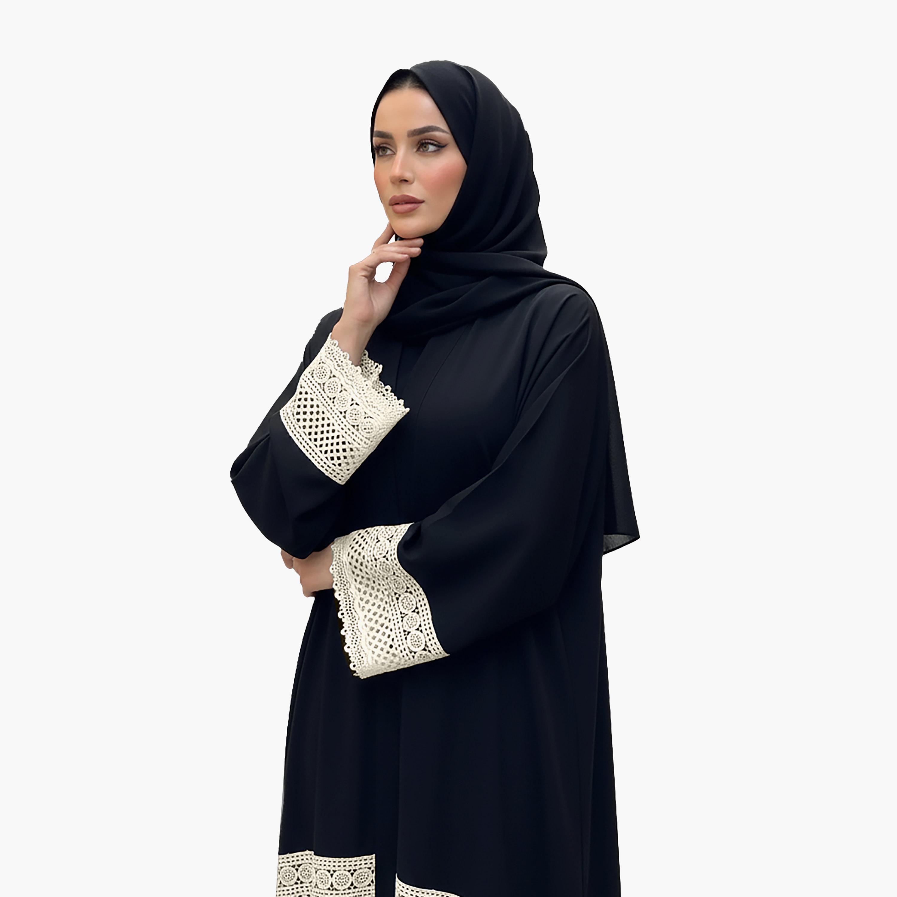Nukhbaa Black Crochet Lace Detailed Nida Women's Abaya with Hijab-women-arabicclothing-abayas-image-2