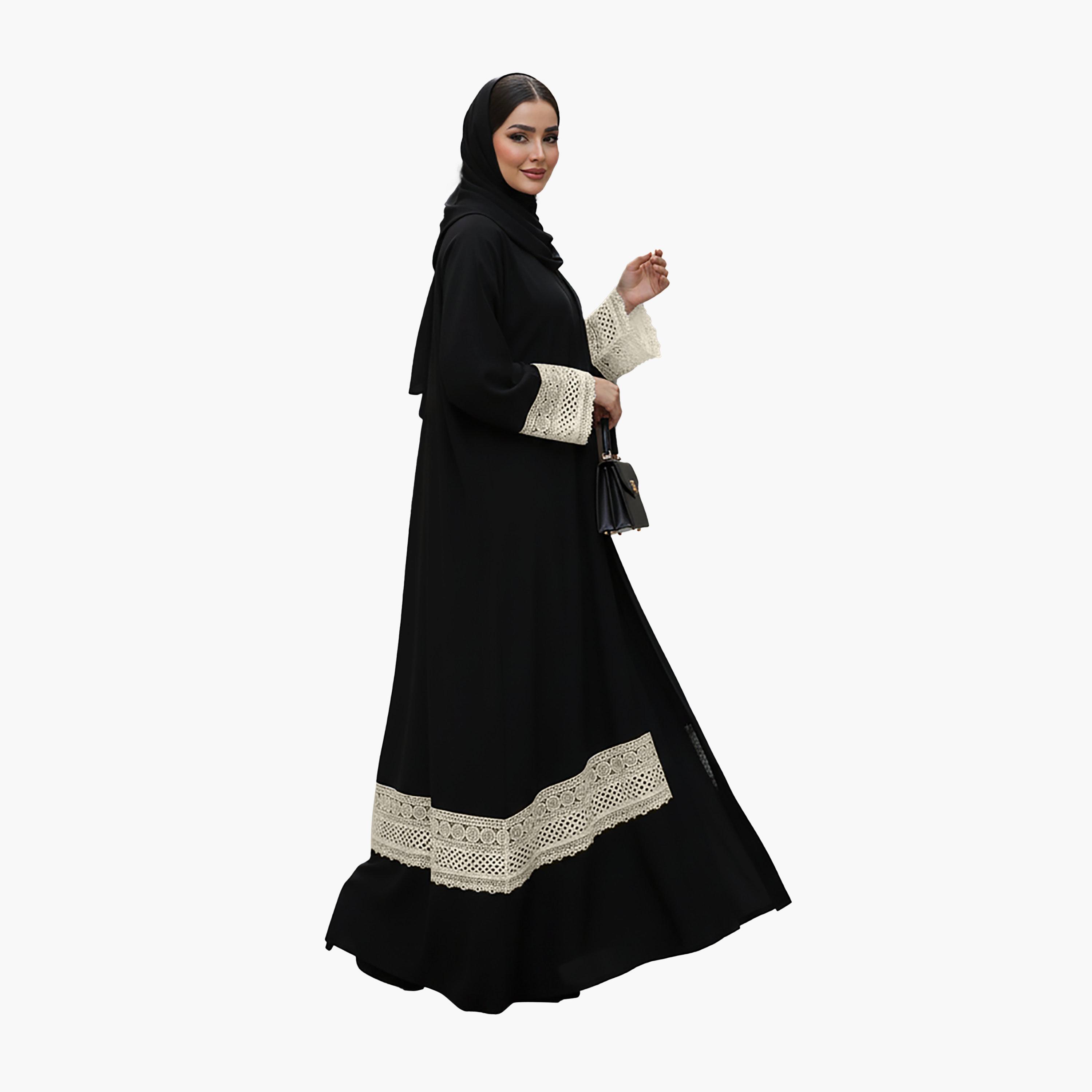 Nukhbaa Black Crochet Lace Detailed Nida Women's Abaya with Hijab-women-arabicclothing-abayas-image-3