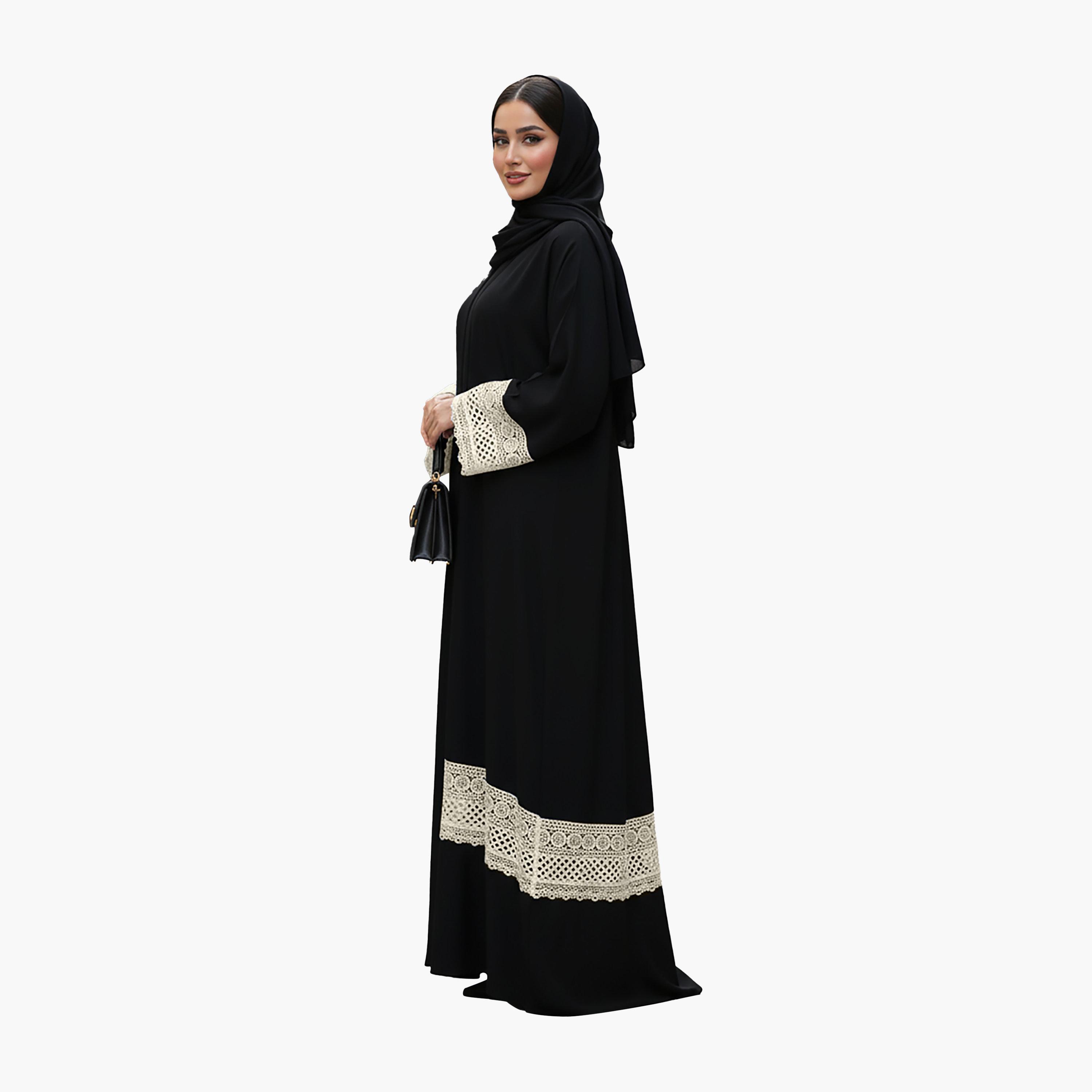 Nukhbaa Black Crochet Lace Detailed Nida Women's Abaya with Hijab-women-arabicclothing-abayas-image-4
