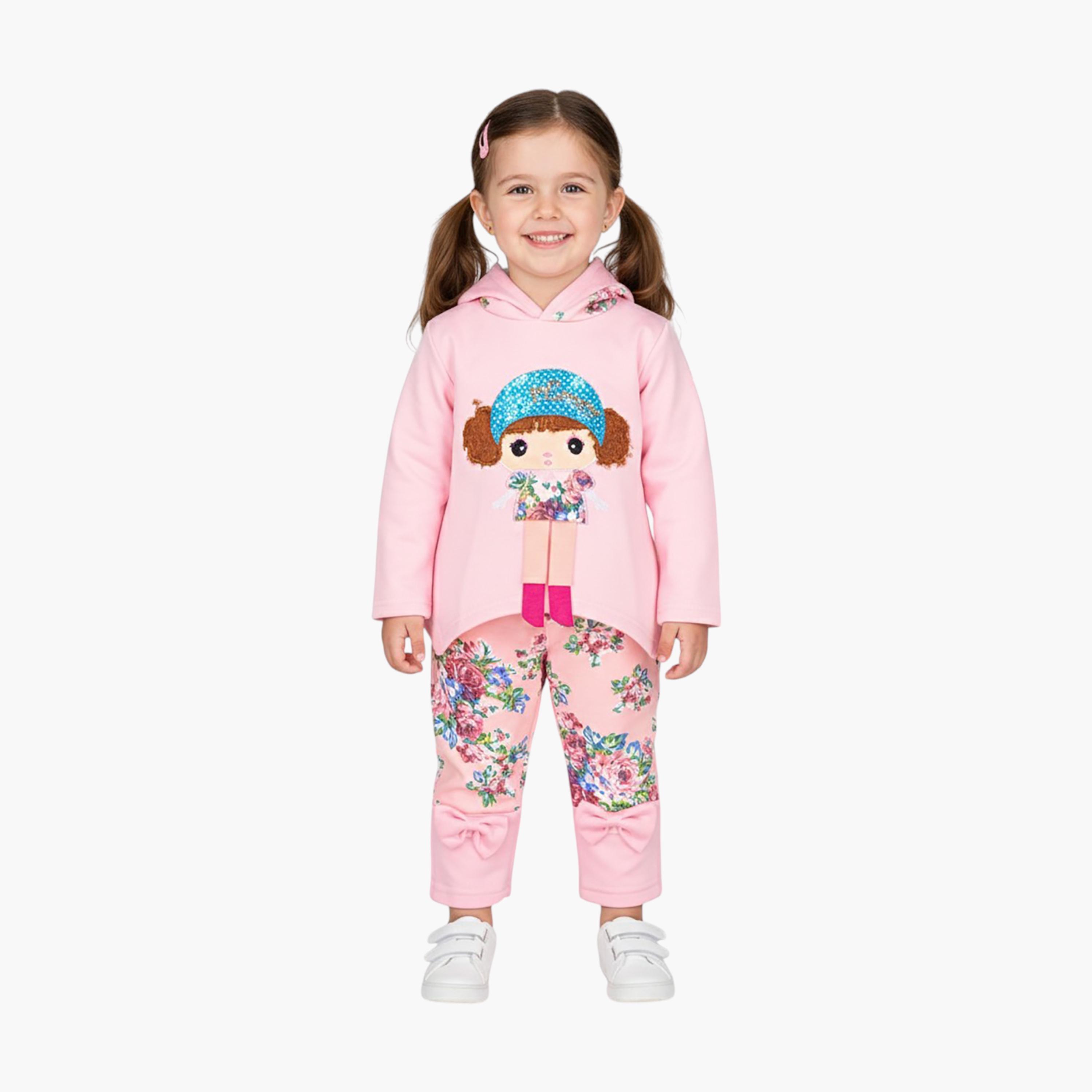 طقم توب بقلنسوة وبنطال بنقشة أزهار من قطعتين من بيبيكلو-girls-clothing-setsandcoords-image-1