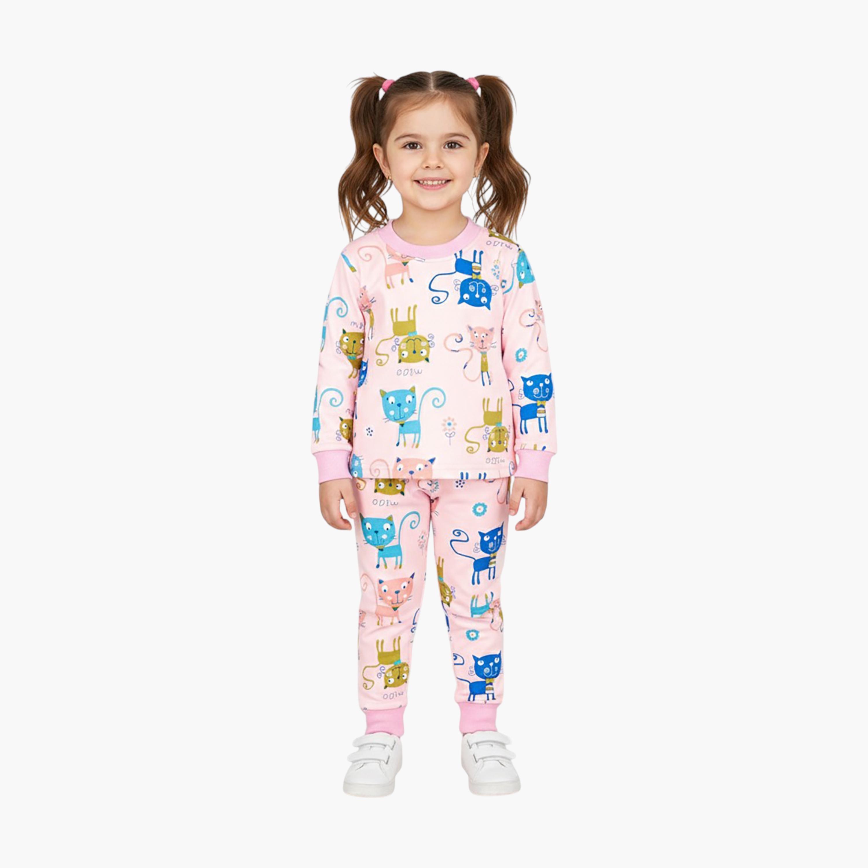 طقم تي شيرت وبيجامة بنقشة قطة من قطعتين من بيبيكلو-girls-clothing-setsandcoords-image-1