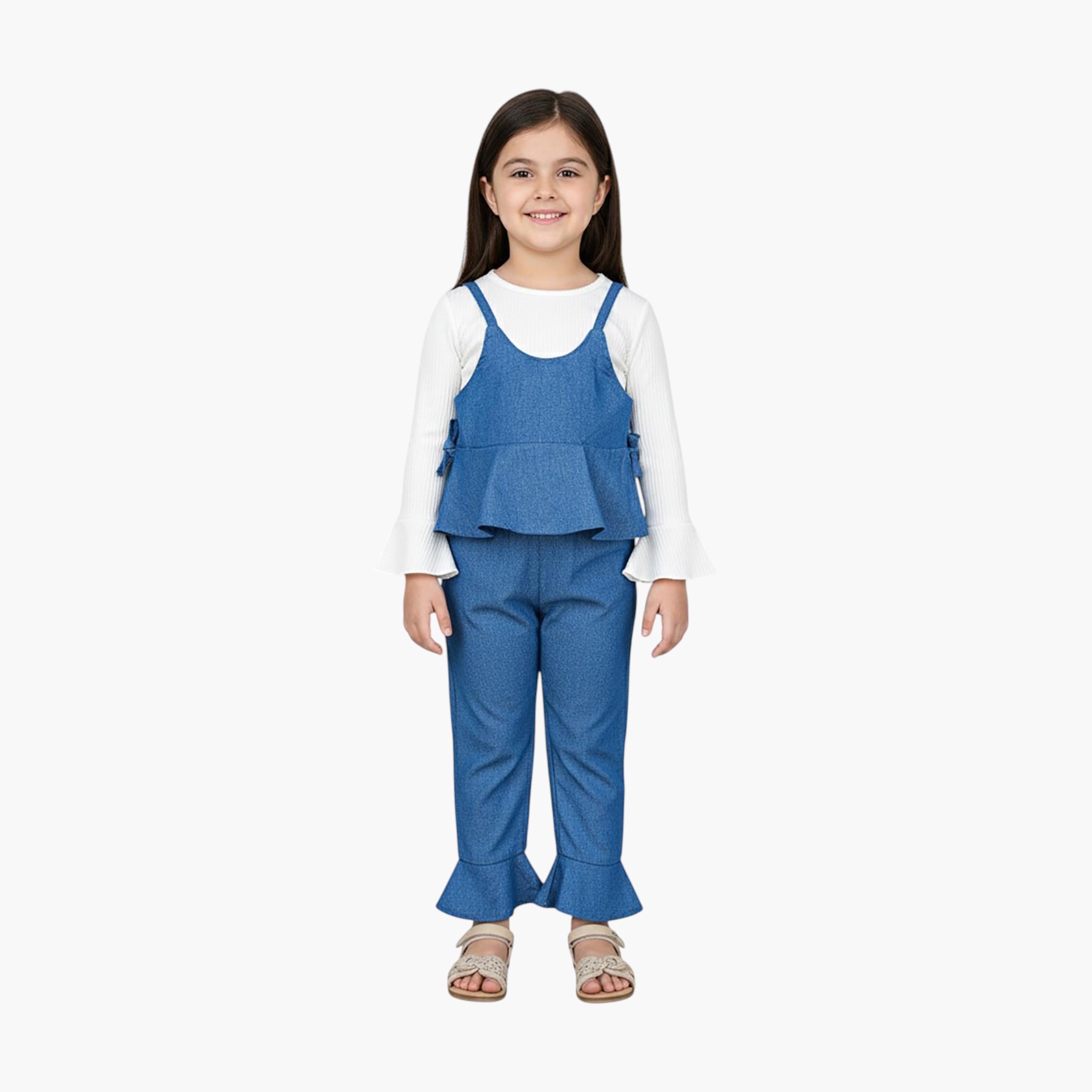 طقم صدرية وبلوزة وبنطال جينز من ثلاث قطع بكشكشة من بيبيكلو-girls-clothing-setsandcoords-image-1