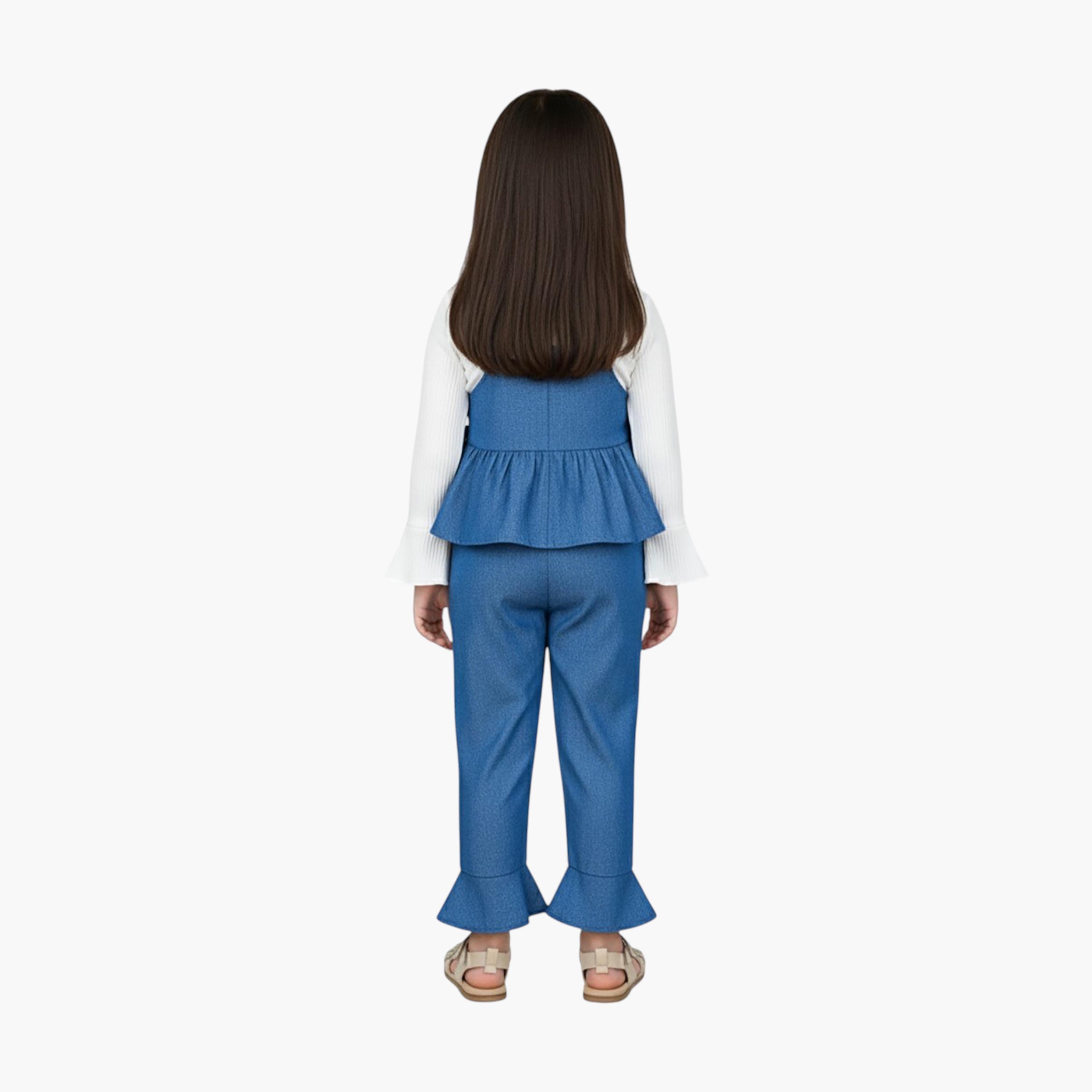 طقم صدرية وبلوزة وبنطال جينز من ثلاث قطع بكشكشة من بيبيكلو-girls-clothing-setsandcoords-image-2