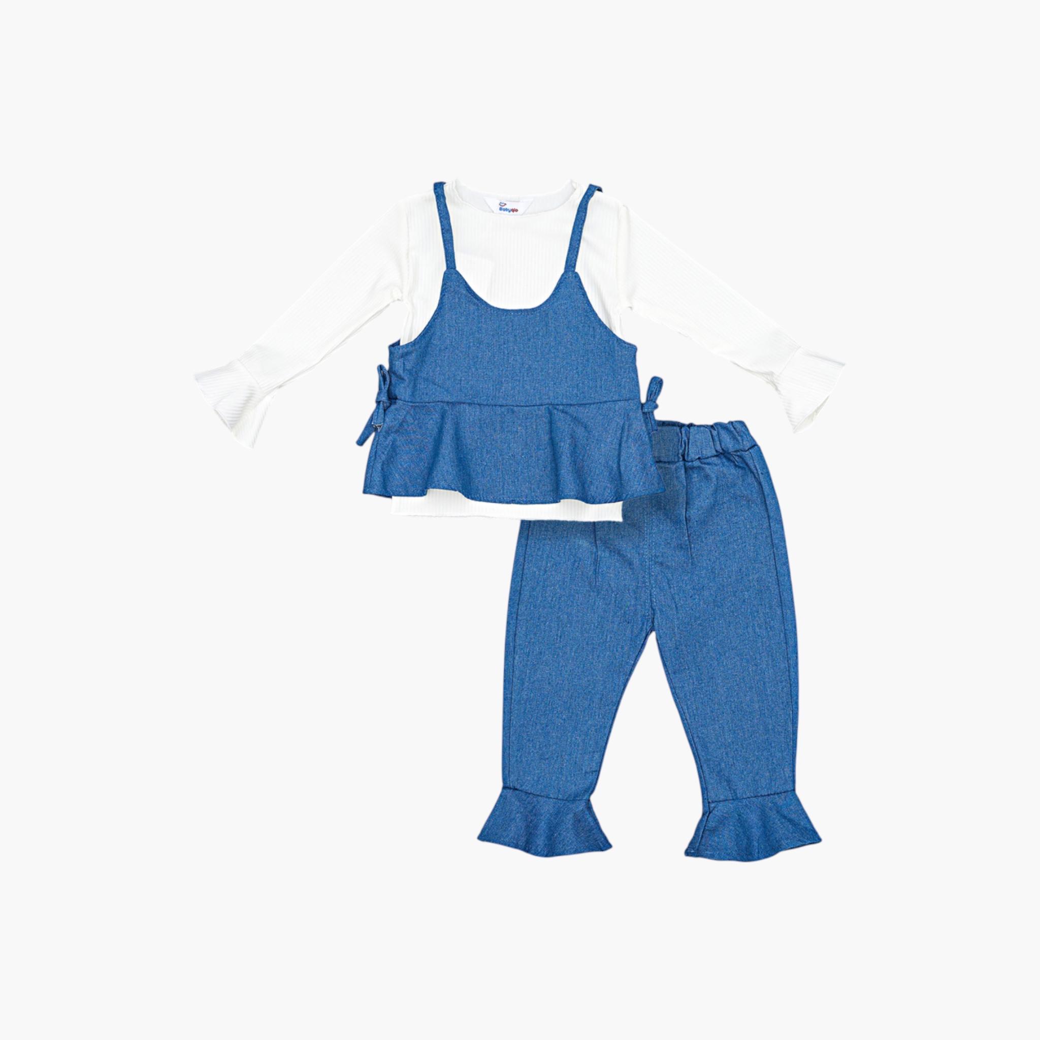 طقم صدرية وبلوزة وبنطال جينز من ثلاث قطع بكشكشة من بيبيكلو-girls-clothing-setsandcoords-image-3