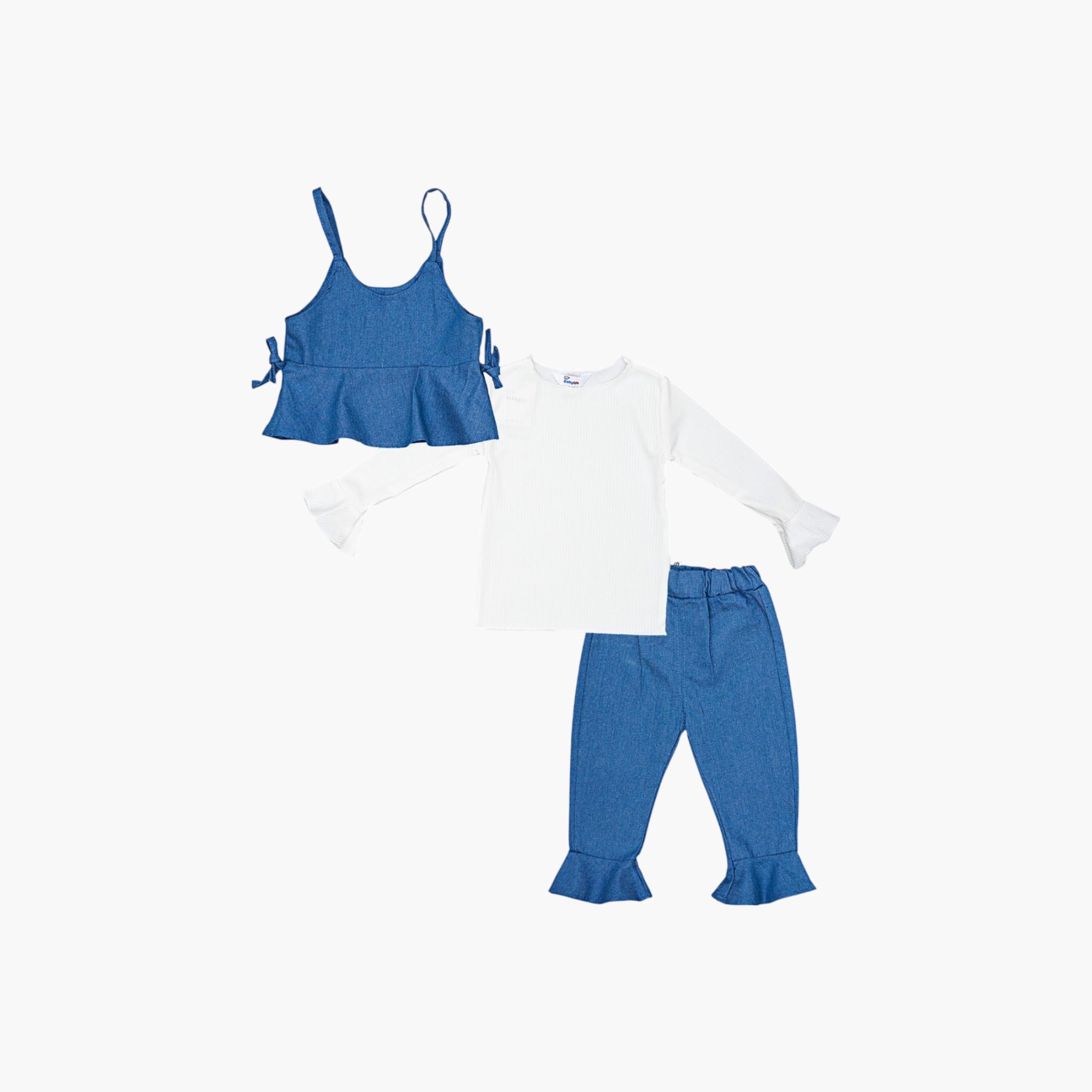 طقم صدرية وبلوزة وبنطال جينز من ثلاث قطع بكشكشة من بيبيكلو-girls-clothing-setsandcoords-image-4