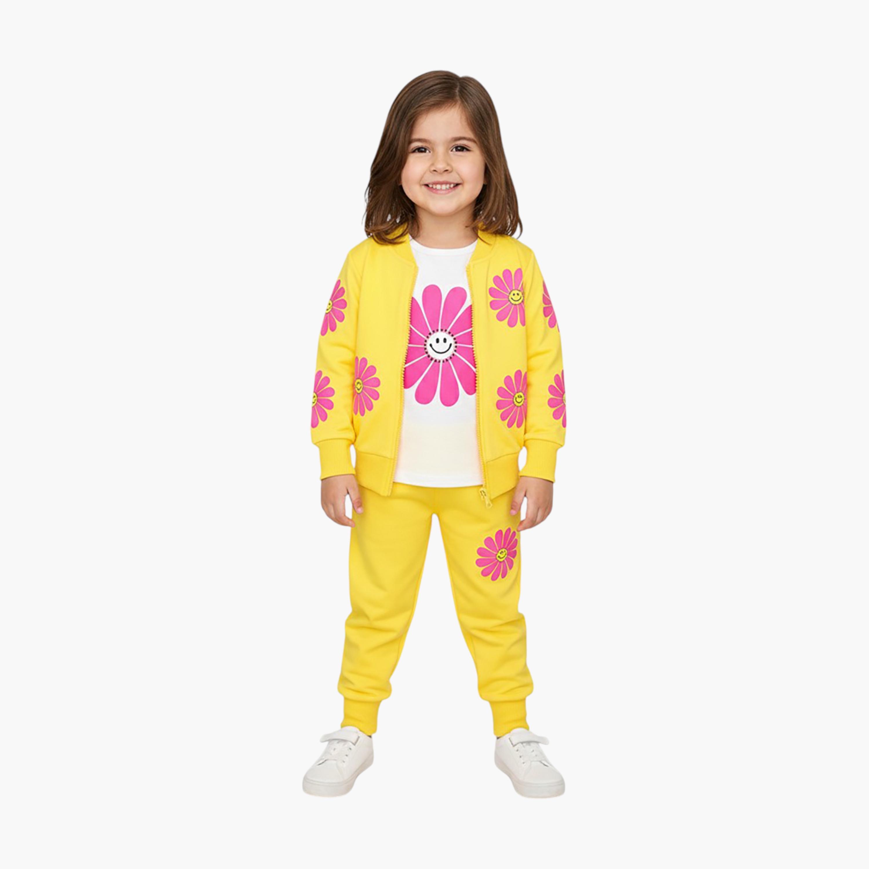 طقم تي شيرت وسترة وبنطال رياضي من ثلاث قطع بنقشة أزهار من بيبيكلو-girls-clothing-setsandcoords-image-1