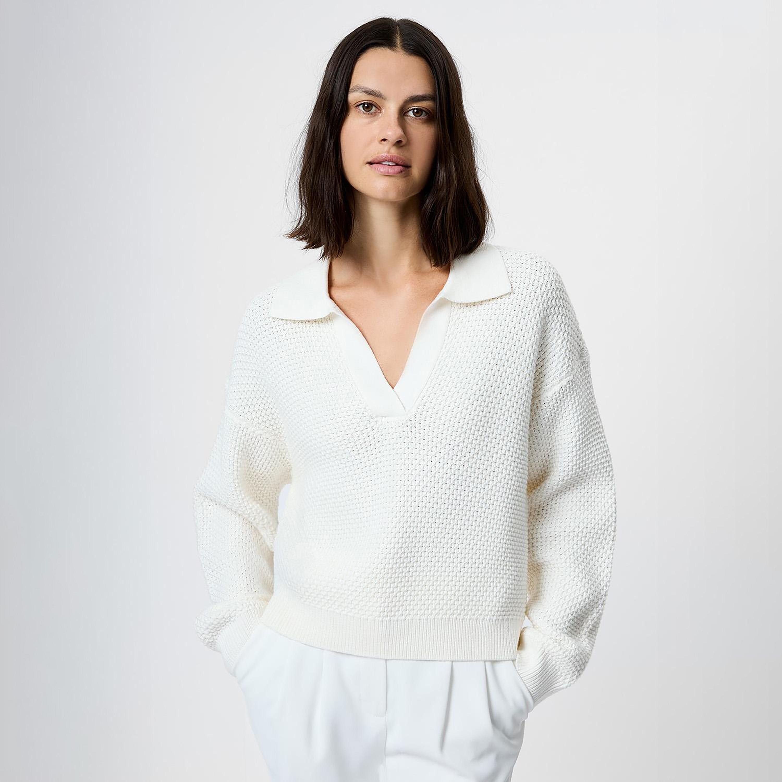 French Connection White Open-Knit Collared Dropped Sleeves Women's Sweater-women-winterwear-cardigansandjumpers-jumpers-image-1