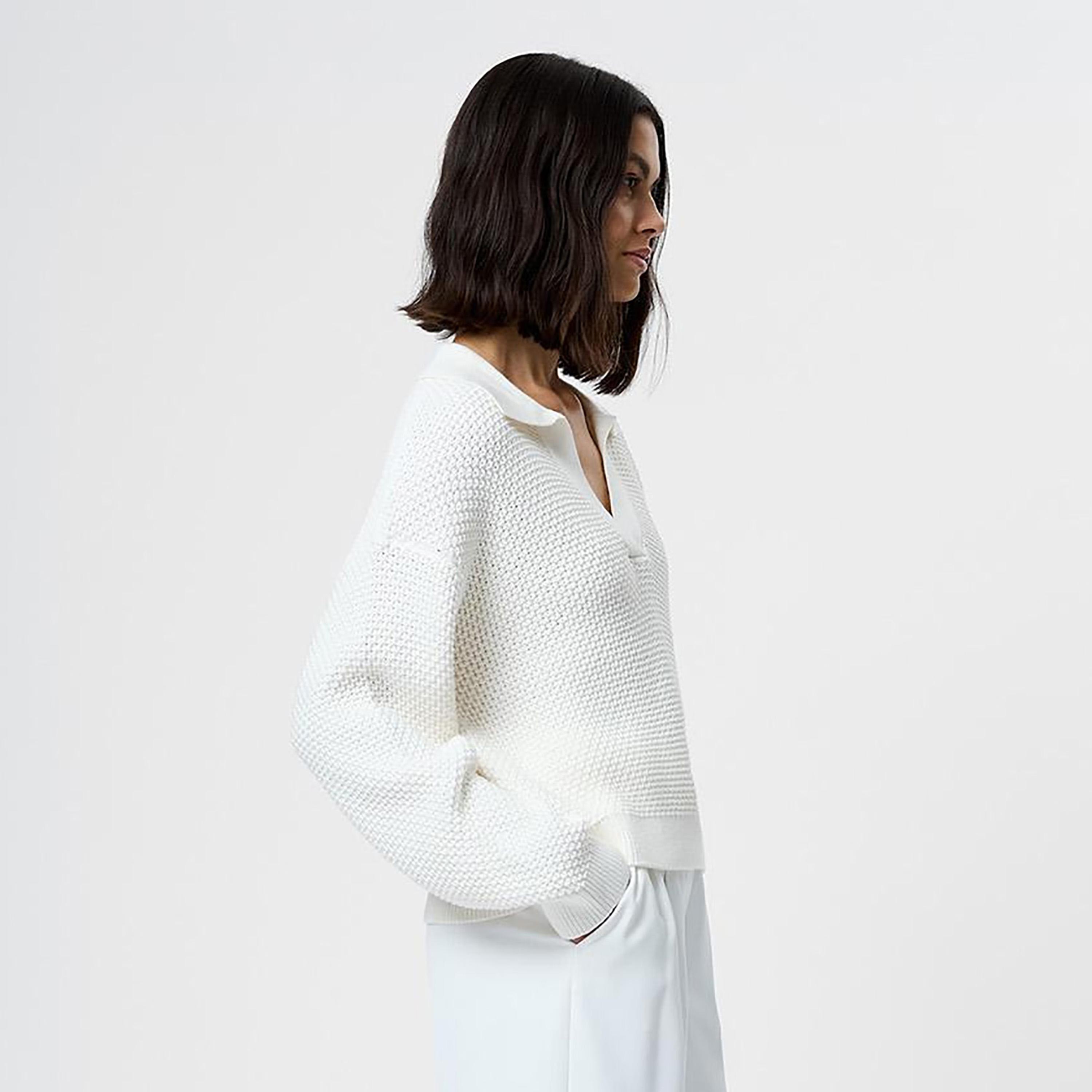 French Connection White Open-Knit Collared Dropped Sleeves Women's Sweater-women-winterwear-cardigansandjumpers-jumpers-image-4