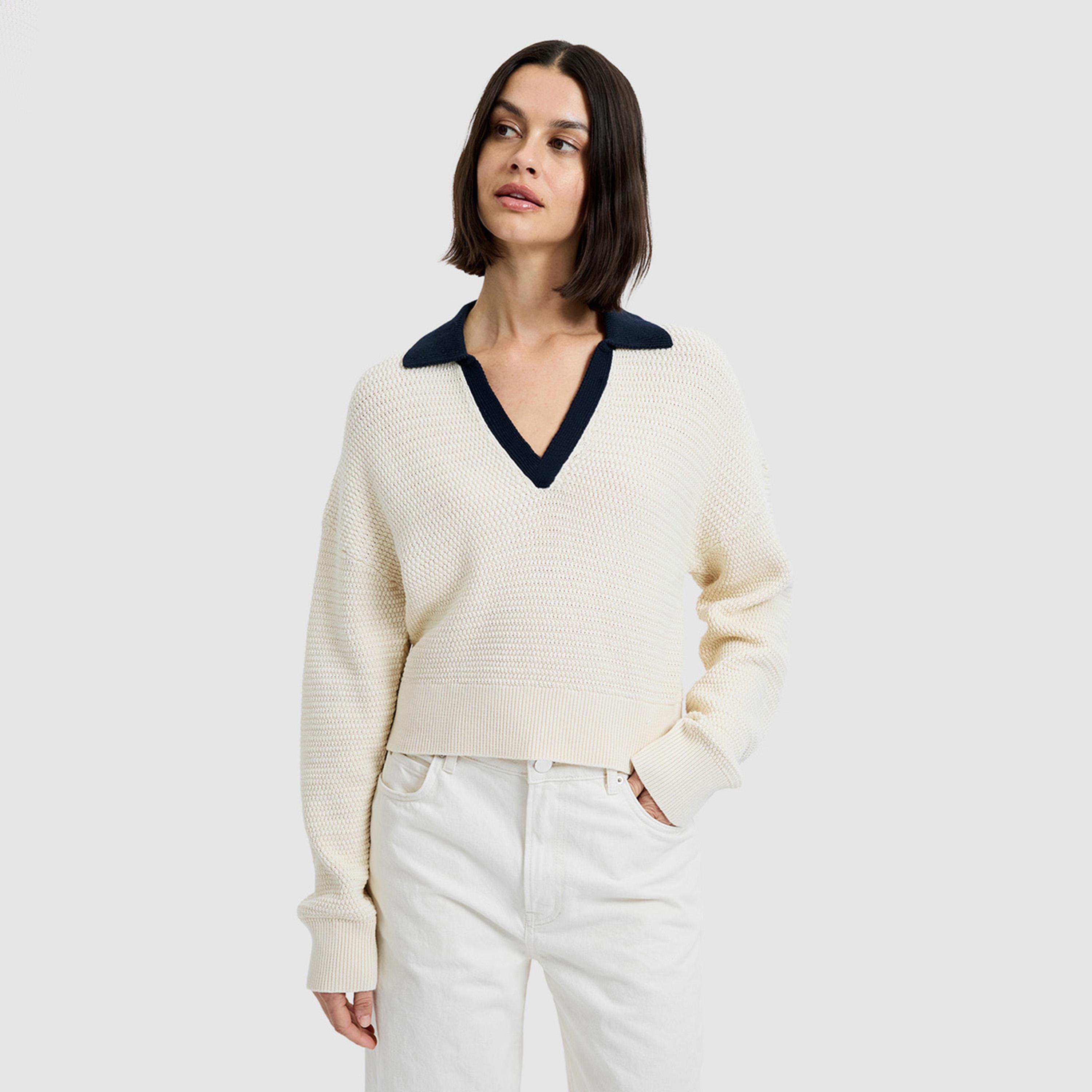 French Connection Cream Knitted Cotton Dropped Sleeves Women's Sweater-women-winterwear-cardigansandjumpers-jumpers-image-1
