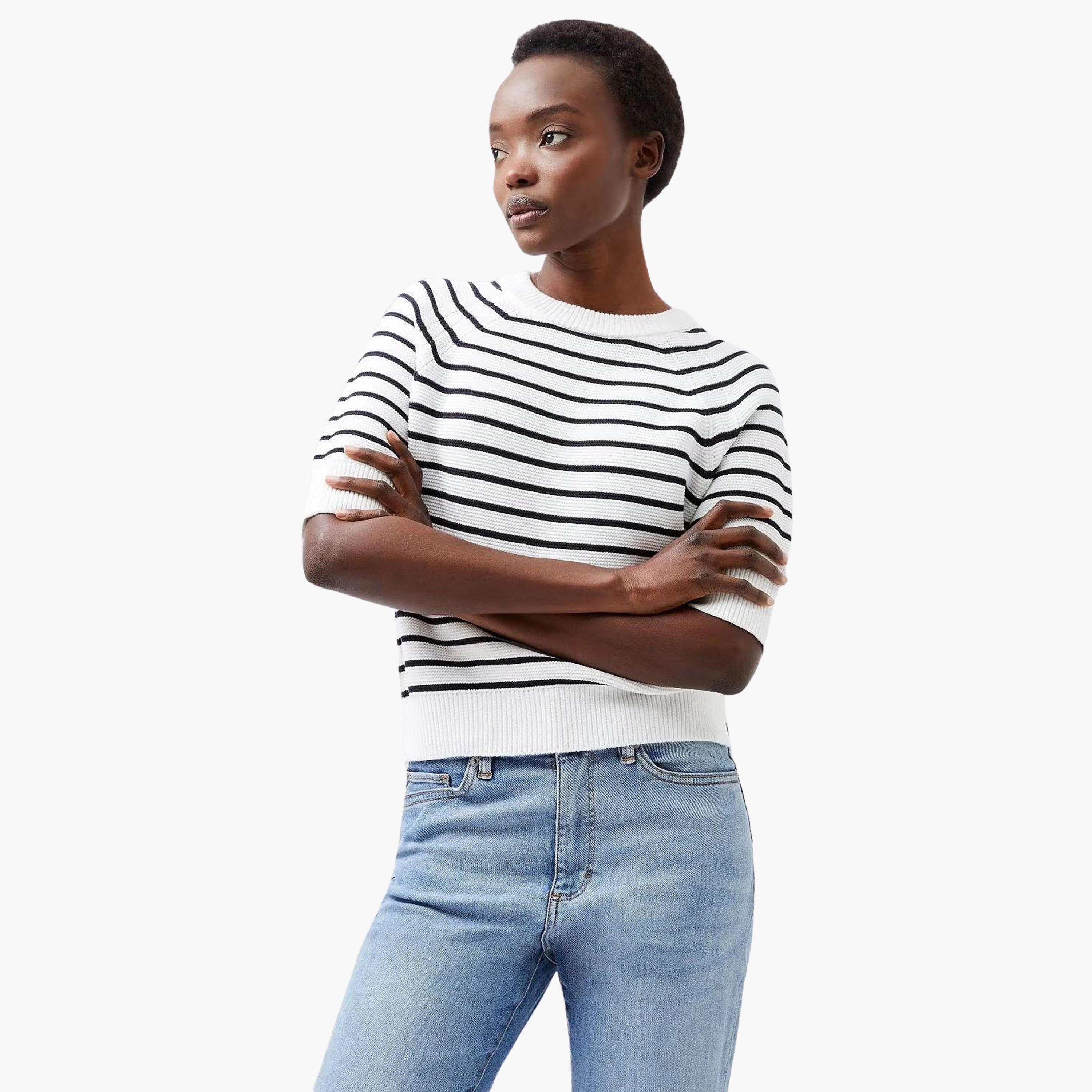 French Connection White Striped Cotton Raglan Sleeves Women's Sweater-women-winterwear-cardigansandjumpers-jumpers-image-1