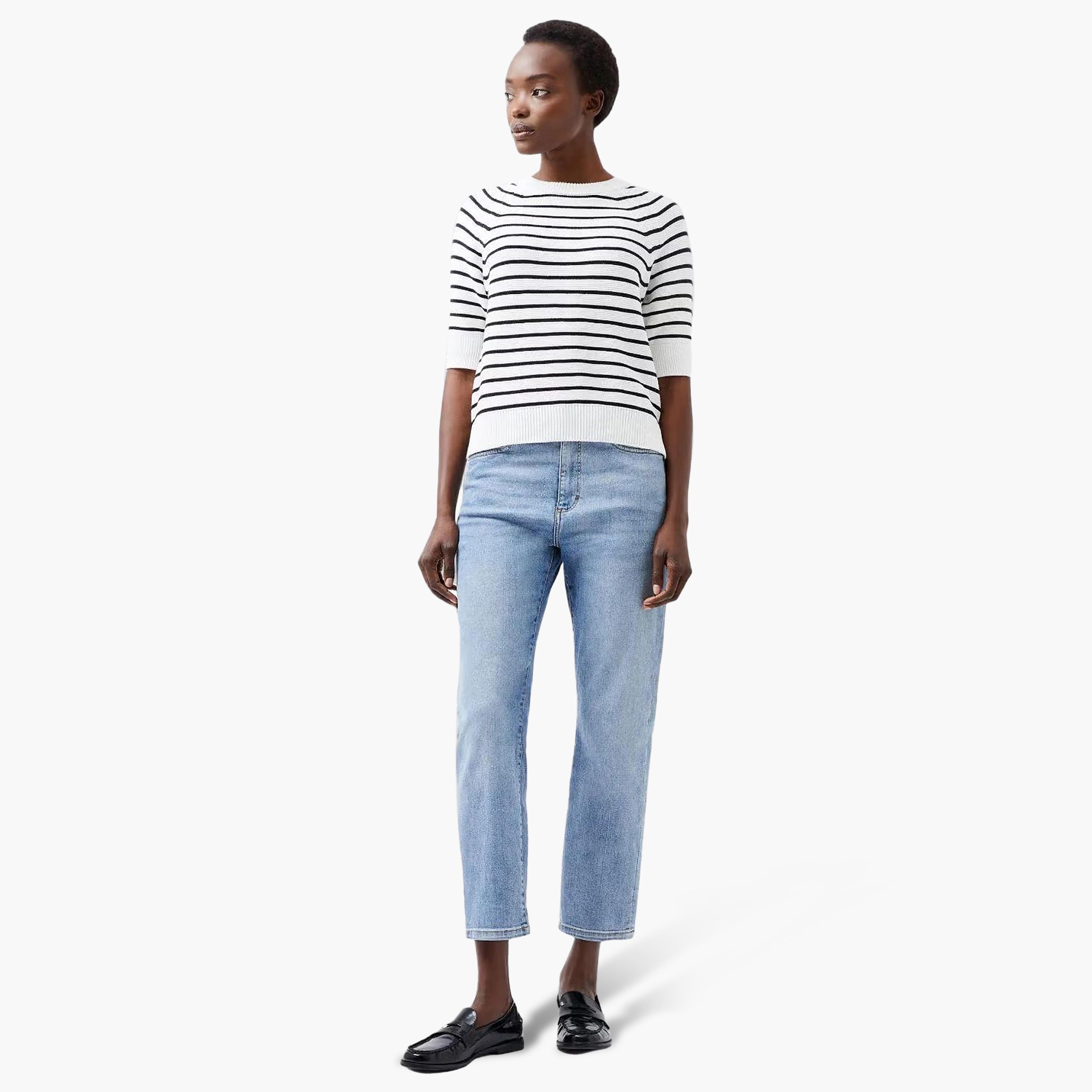 French Connection White Striped Cotton Raglan Sleeves Women's Sweater-women-winterwear-cardigansandjumpers-jumpers-image-2
