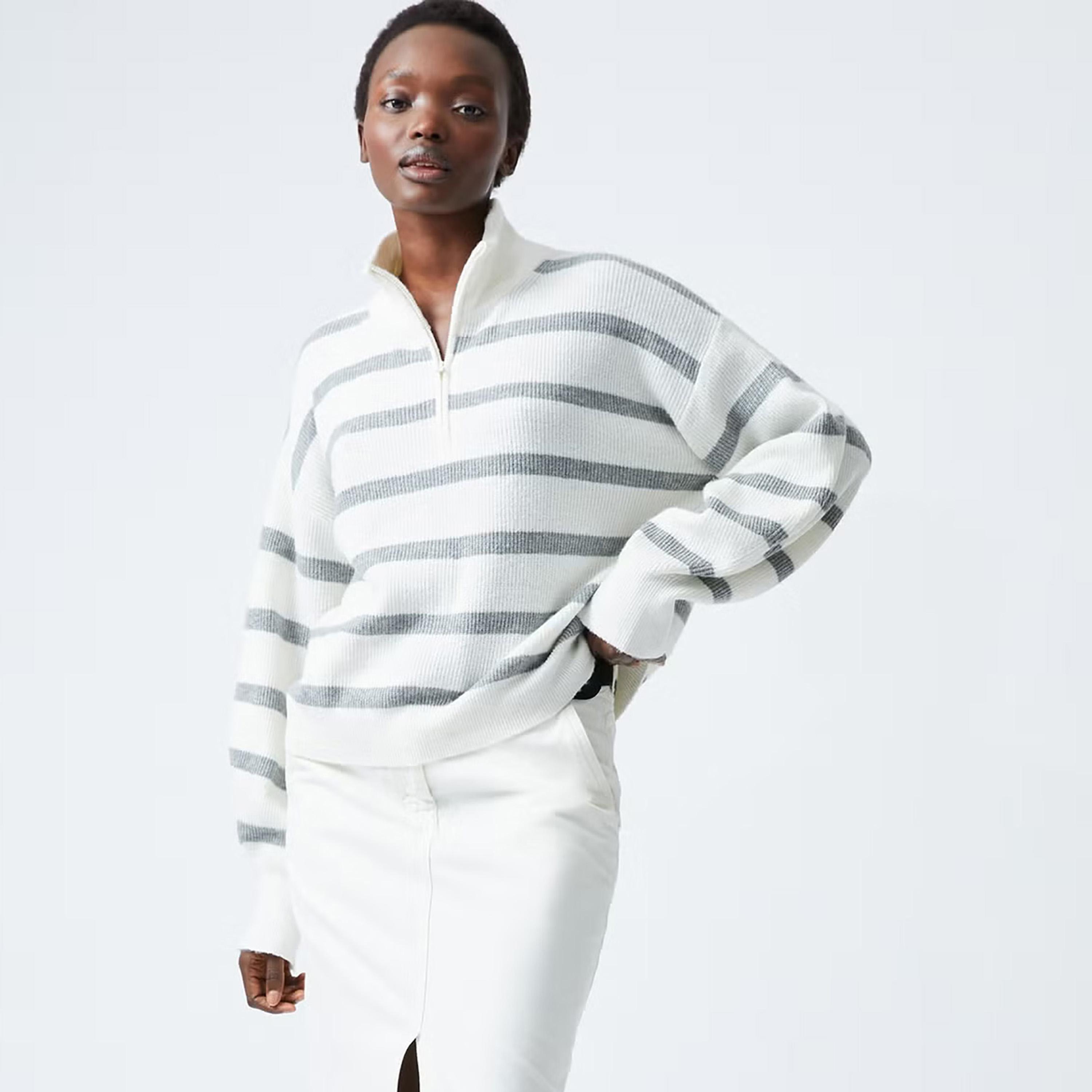 French Connection White Striped High Neck Dropped Sleeves Women's Sweater-women-winterwear-cardigansandjumpers-jumpers-image-1