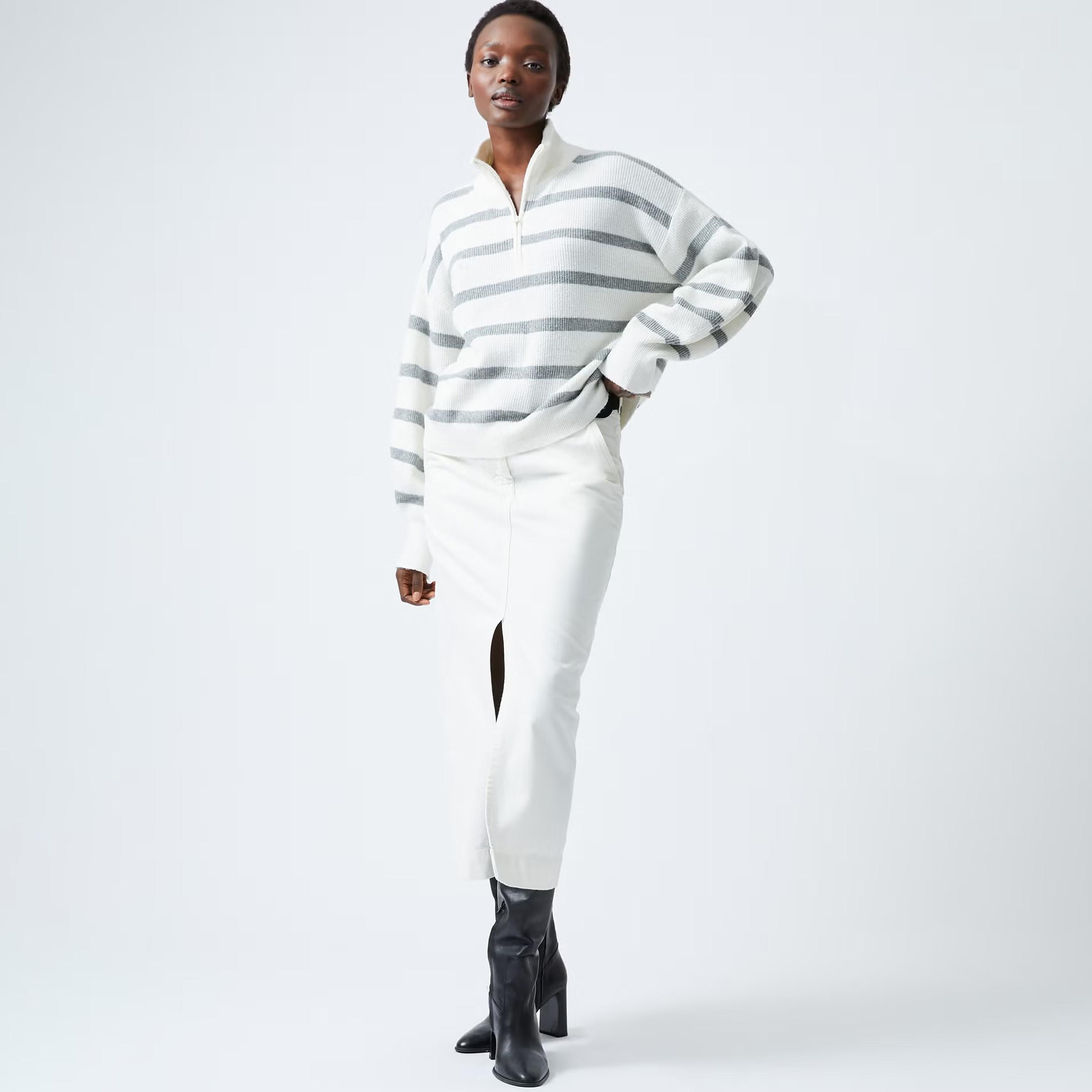 French Connection White Striped High Neck Dropped Sleeves Women's Sweater-women-winterwear-cardigansandjumpers-jumpers-image-2