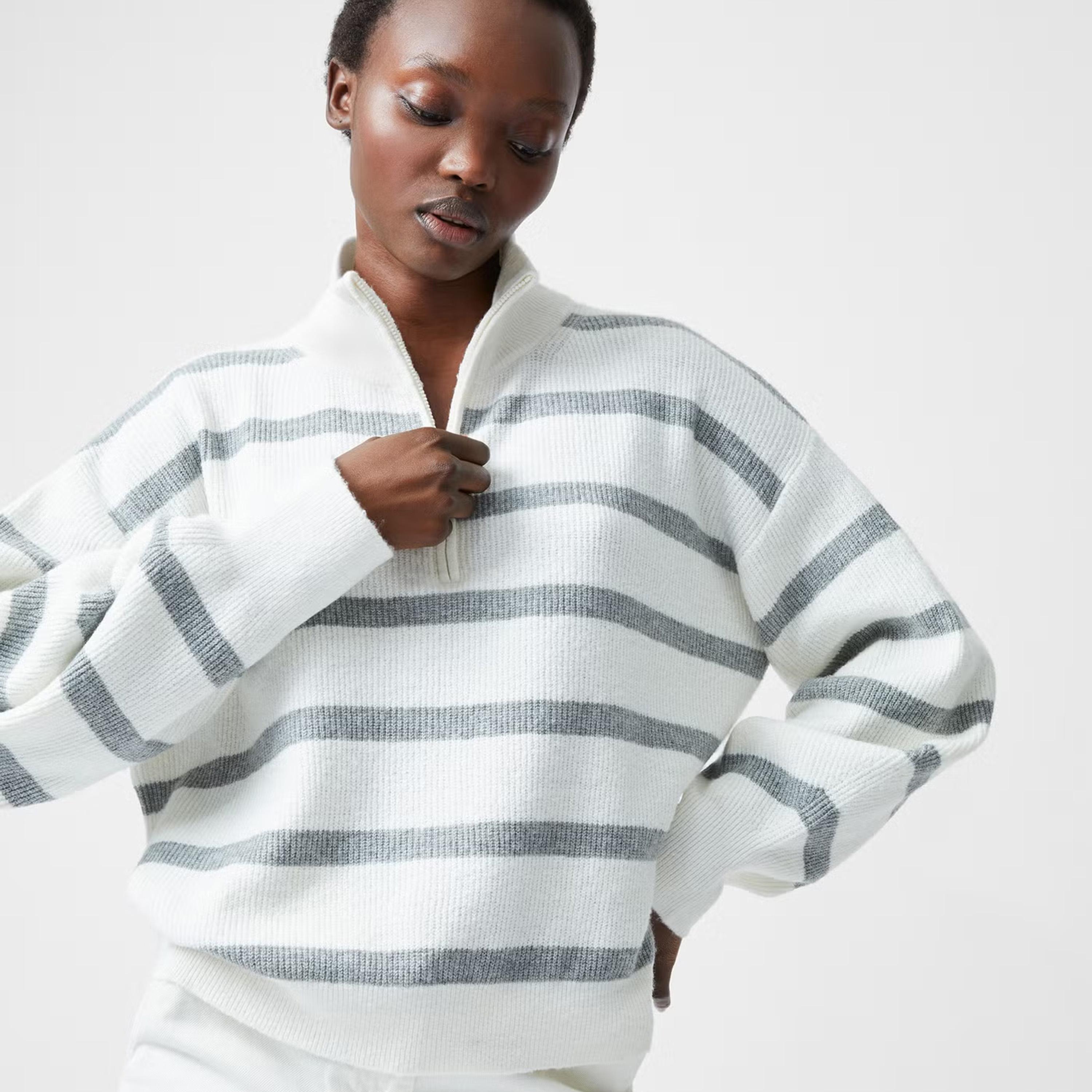 French Connection White Striped High Neck Dropped Sleeves Women's Sweater-women-winterwear-cardigansandjumpers-jumpers-image-4