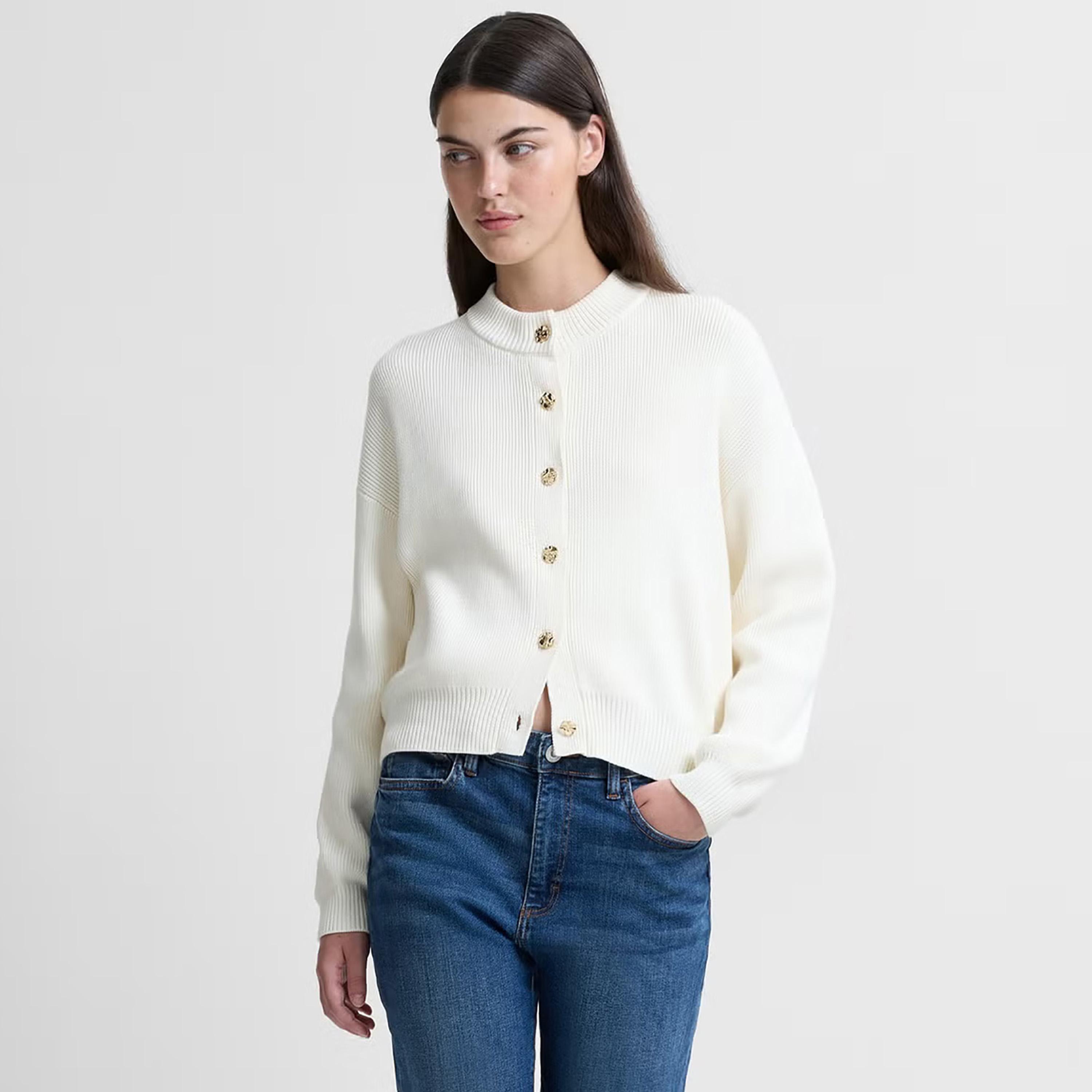 كارديجان حريمي قطن بنسيج مضلع وأكتاف ساقطة من فرينش كونكشن-women-winterwear-cardigansandjumpers-cardigans-image-1