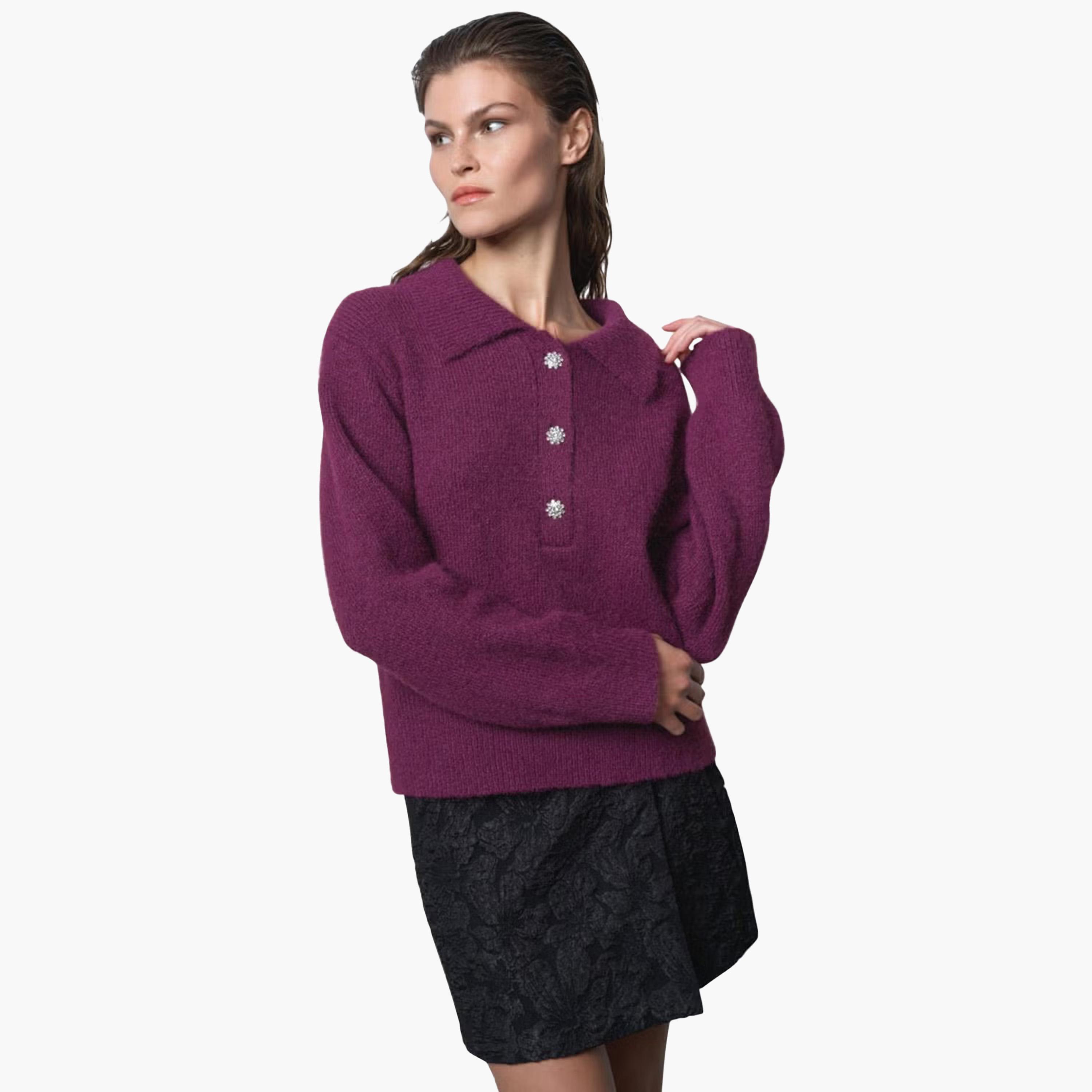 French Connection Purple Ribbed Acrylic Collared Women's Sweater-women-winterwear-cardigansandjumpers-jumpers-image-1