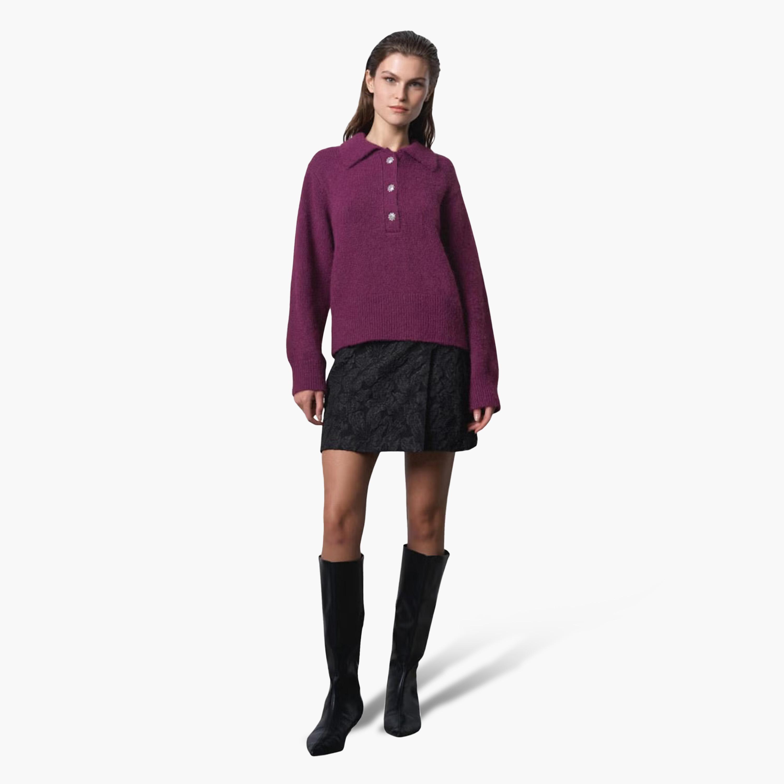 French Connection Purple Ribbed Acrylic Collared Women's Sweater-women-winterwear-cardigansandjumpers-jumpers-image-2