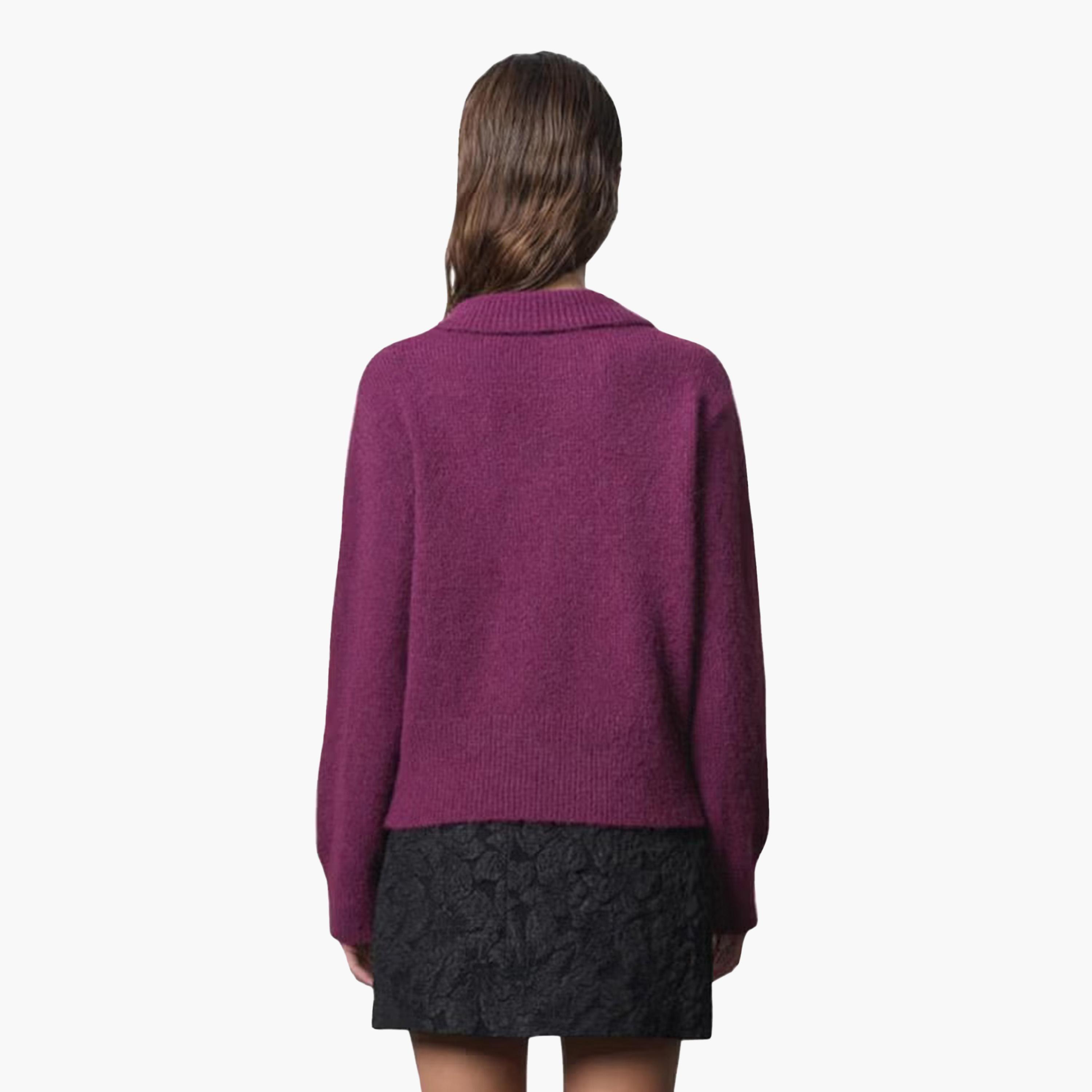 French Connection Purple Ribbed Acrylic Collared Women's Sweater-women-winterwear-cardigansandjumpers-jumpers-image-3