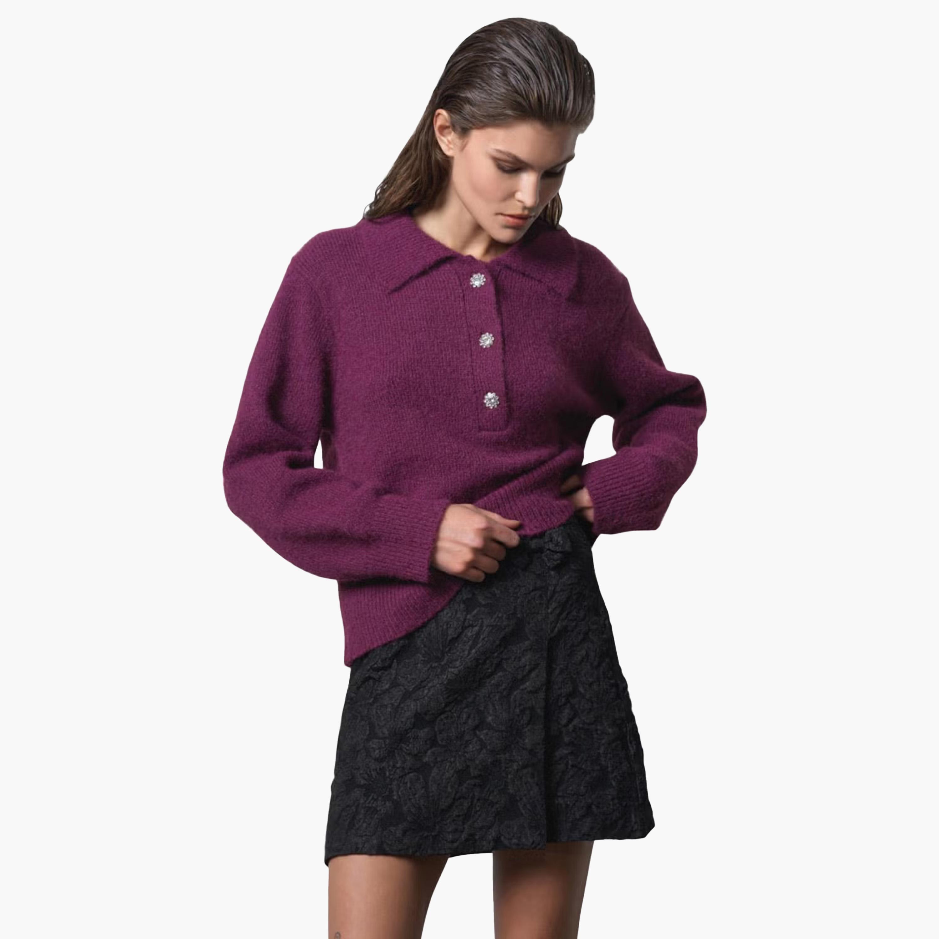 French Connection Purple Ribbed Acrylic Collared Women's Sweater-women-winterwear-cardigansandjumpers-jumpers-image-4