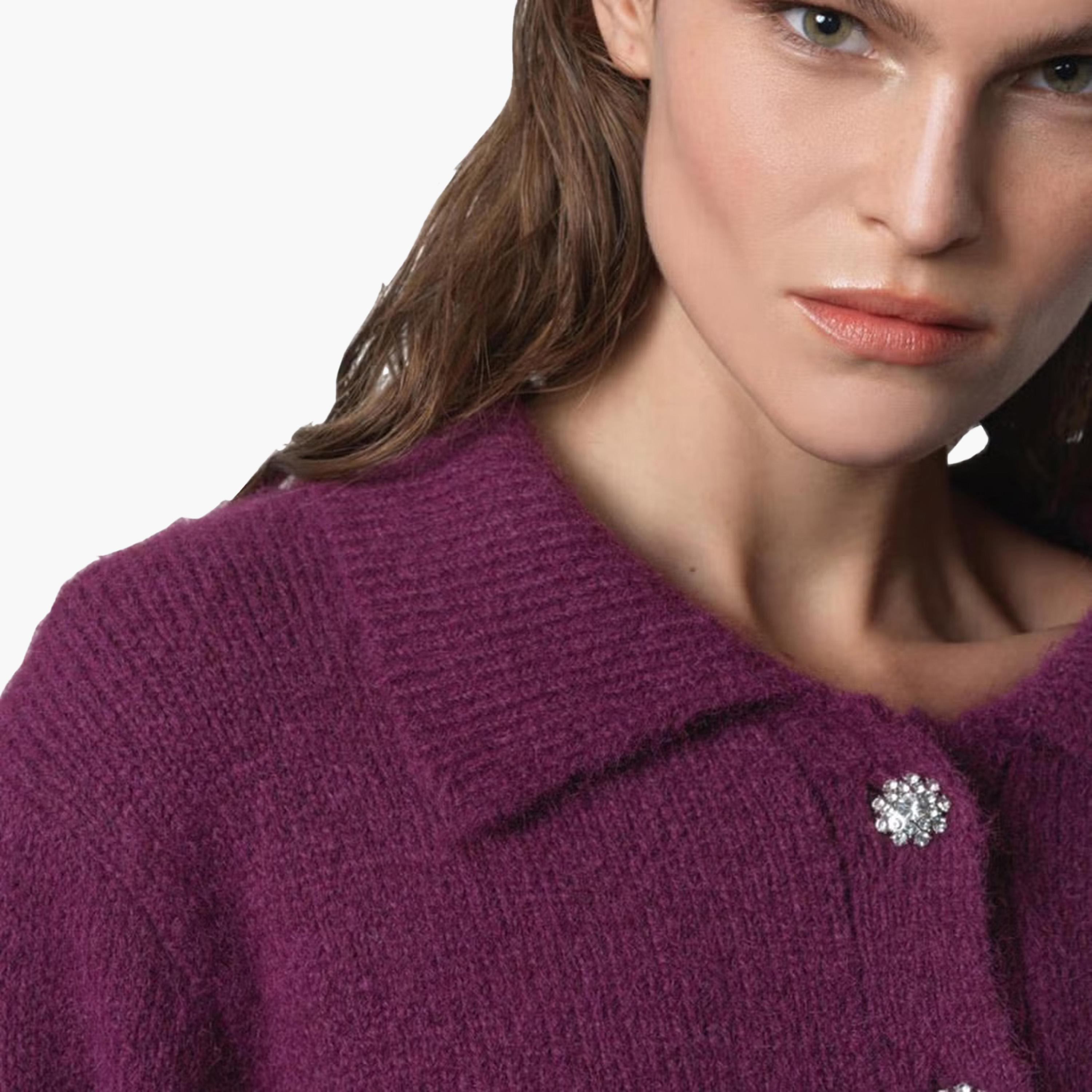 French Connection Purple Ribbed Acrylic Collared Women's Sweater-women-winterwear-cardigansandjumpers-jumpers-image-5