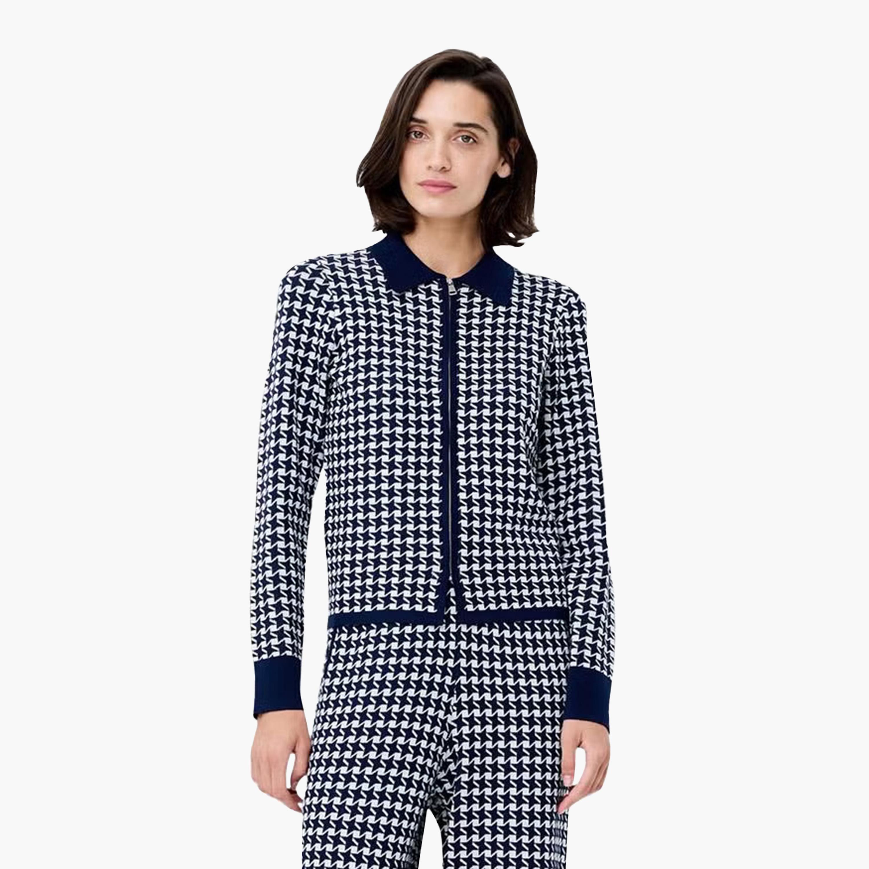 French Connection Blue Houndstooth Print Collared Women's Cardigan-women-winterwear-cardigansandjumpers-cardigans-image-1