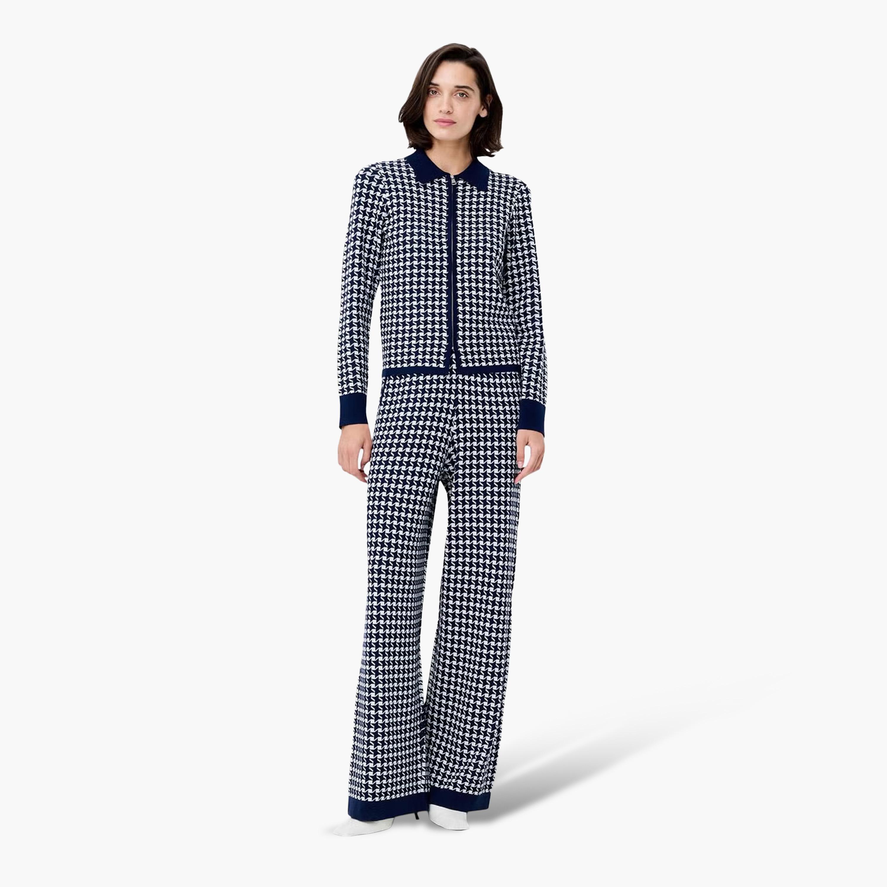 French Connection Blue Houndstooth Print Collared Women's Cardigan-women-winterwear-cardigansandjumpers-cardigans-image-2
