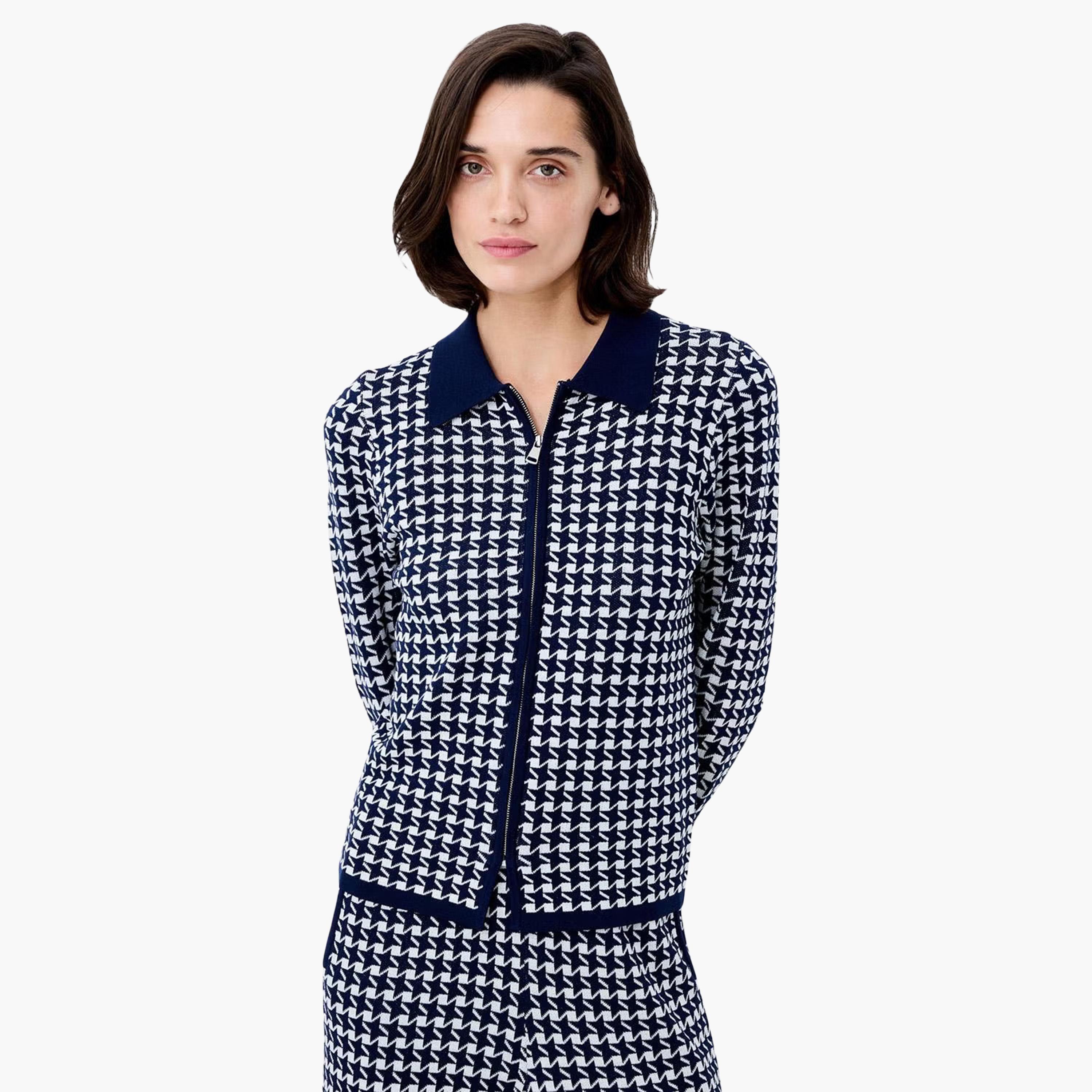 French Connection Blue Houndstooth Print Collared Women's Cardigan-women-winterwear-cardigansandjumpers-cardigans-image-3
