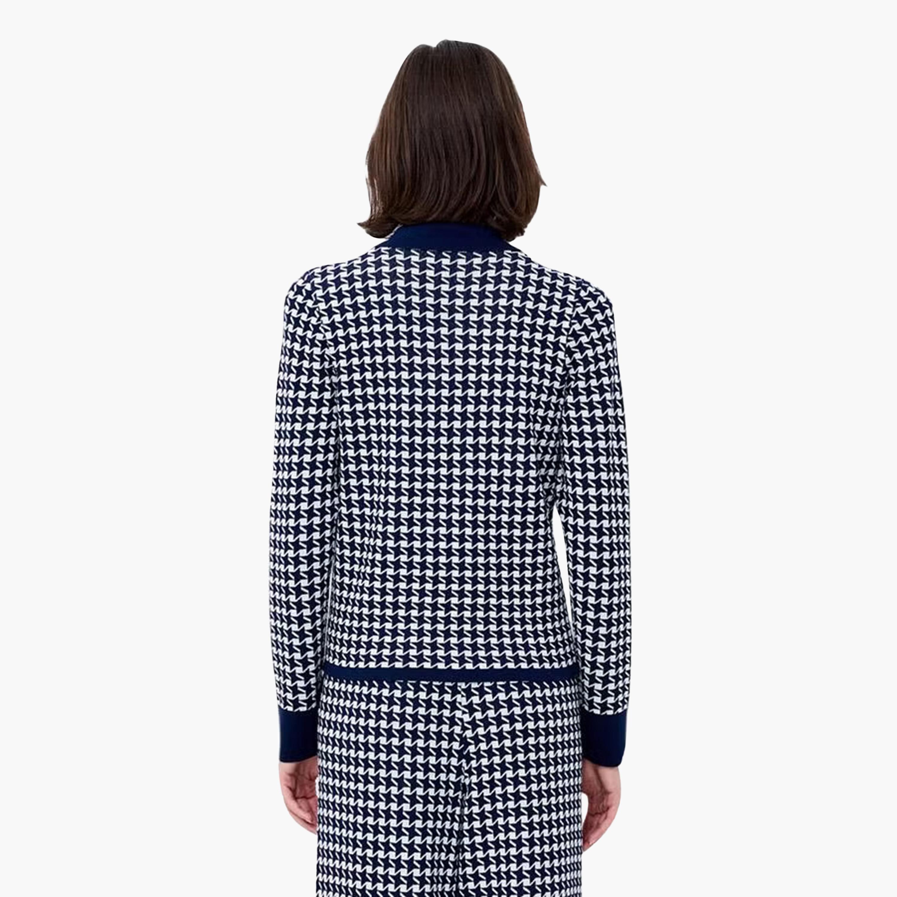 French Connection Blue Houndstooth Print Collared Women's Cardigan-women-winterwear-cardigansandjumpers-cardigans-image-4