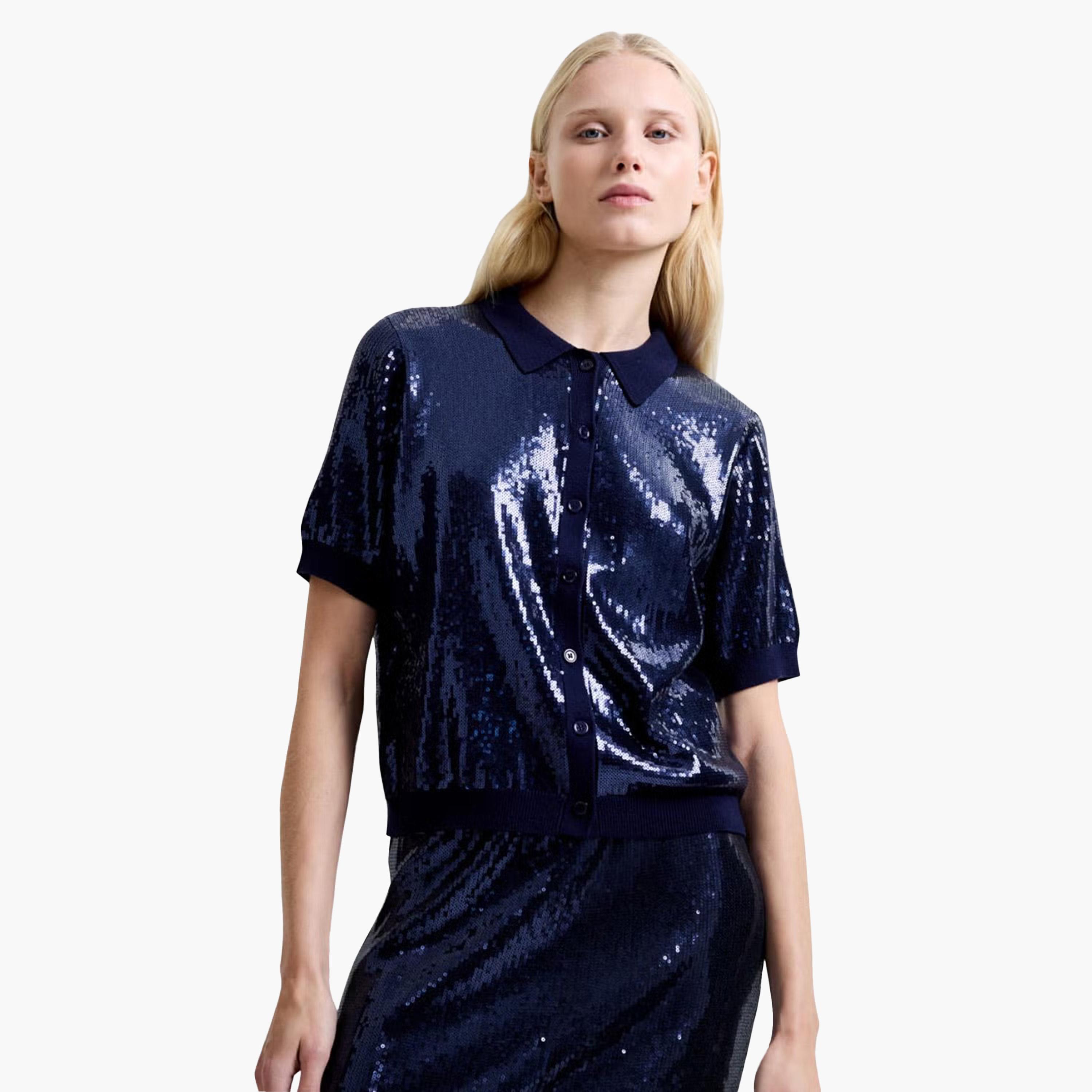 French Connection Blue Sequined Collared Women's Evening Top-women-clothing-shirtsandblouses-blouses-image-1