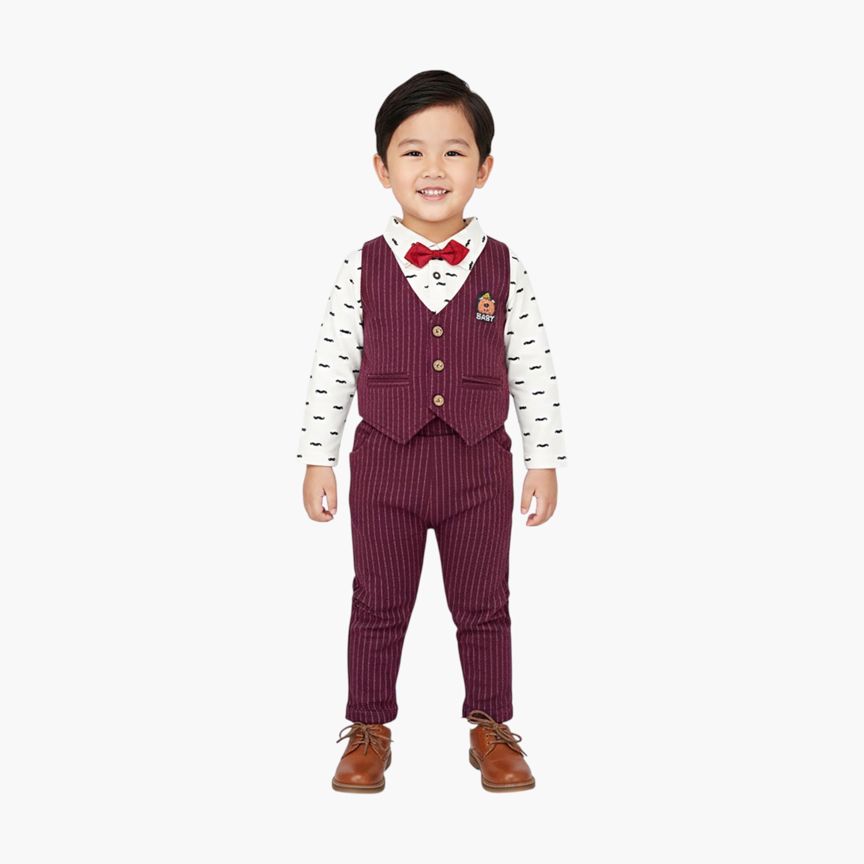 Babyqlo 3-Piece Striped Waistcoat, Mustache Printed Polo and Pants Set-boys-clothing-setsandcoords-image-1