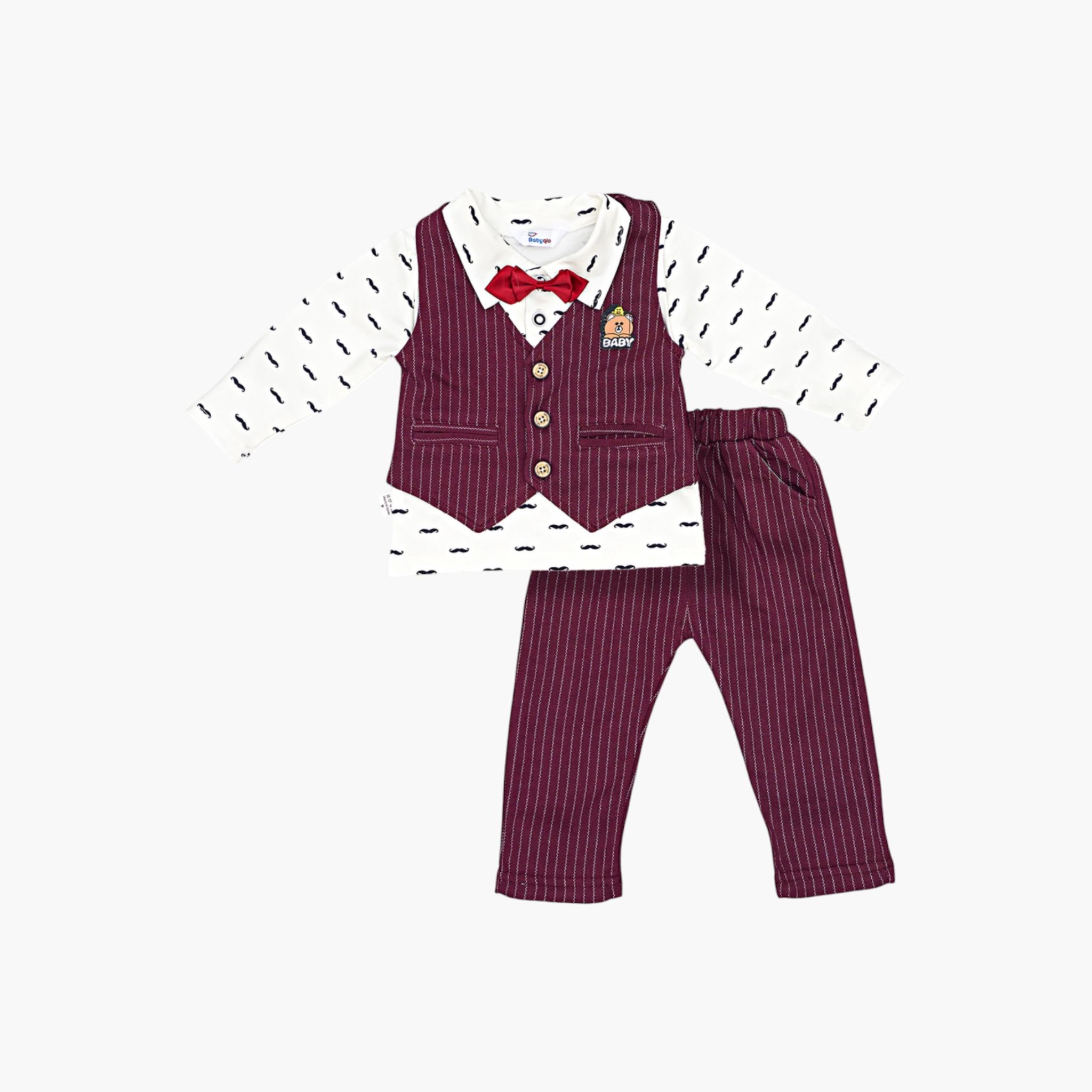 Babyqlo 3-Piece Striped Waistcoat, Mustache Printed Polo and Pants Set-boys-clothing-setsandcoords-image-3