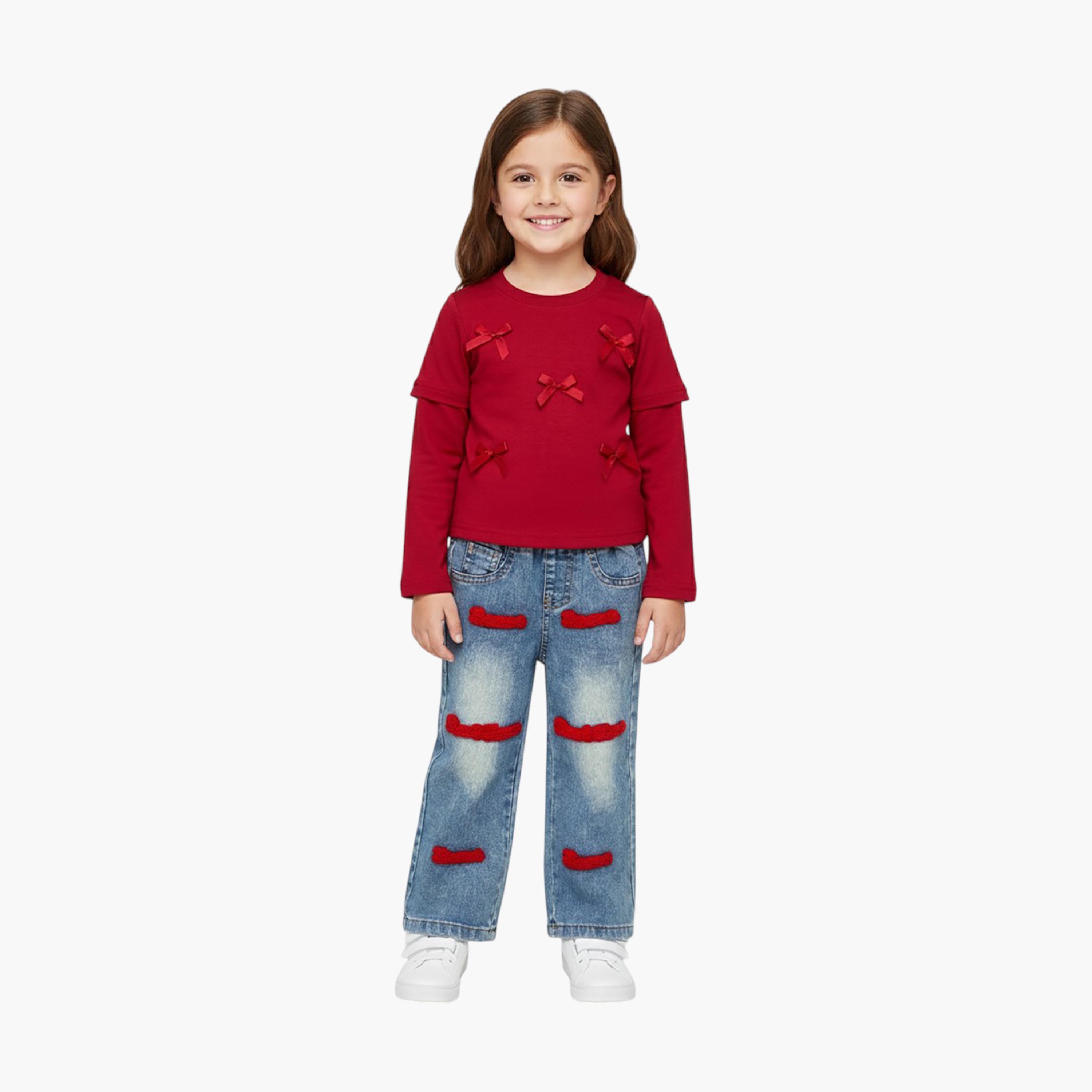 Babyqlo 2-Piece Bow Detailed Top with Detachable Sleeves and Denim Set-girls-clothing-setsandcoords-image-1