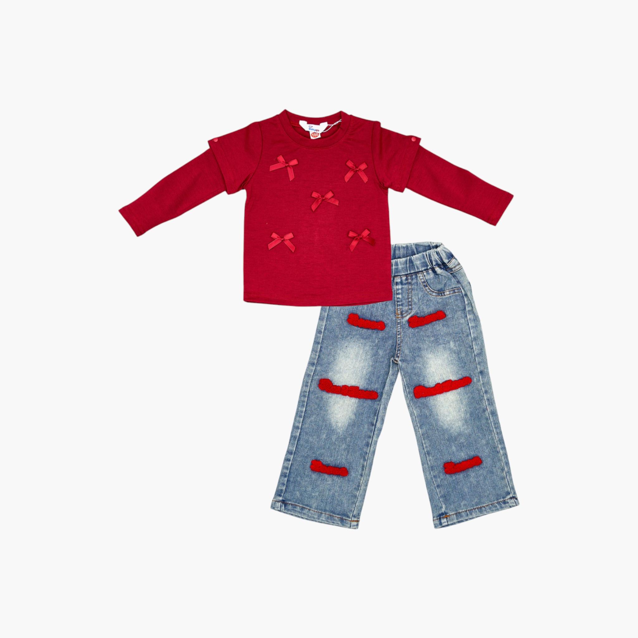 Babyqlo 2-Piece Bow Detailed Top with Detachable Sleeves and Denim Set-girls-clothing-setsandcoords-image-3