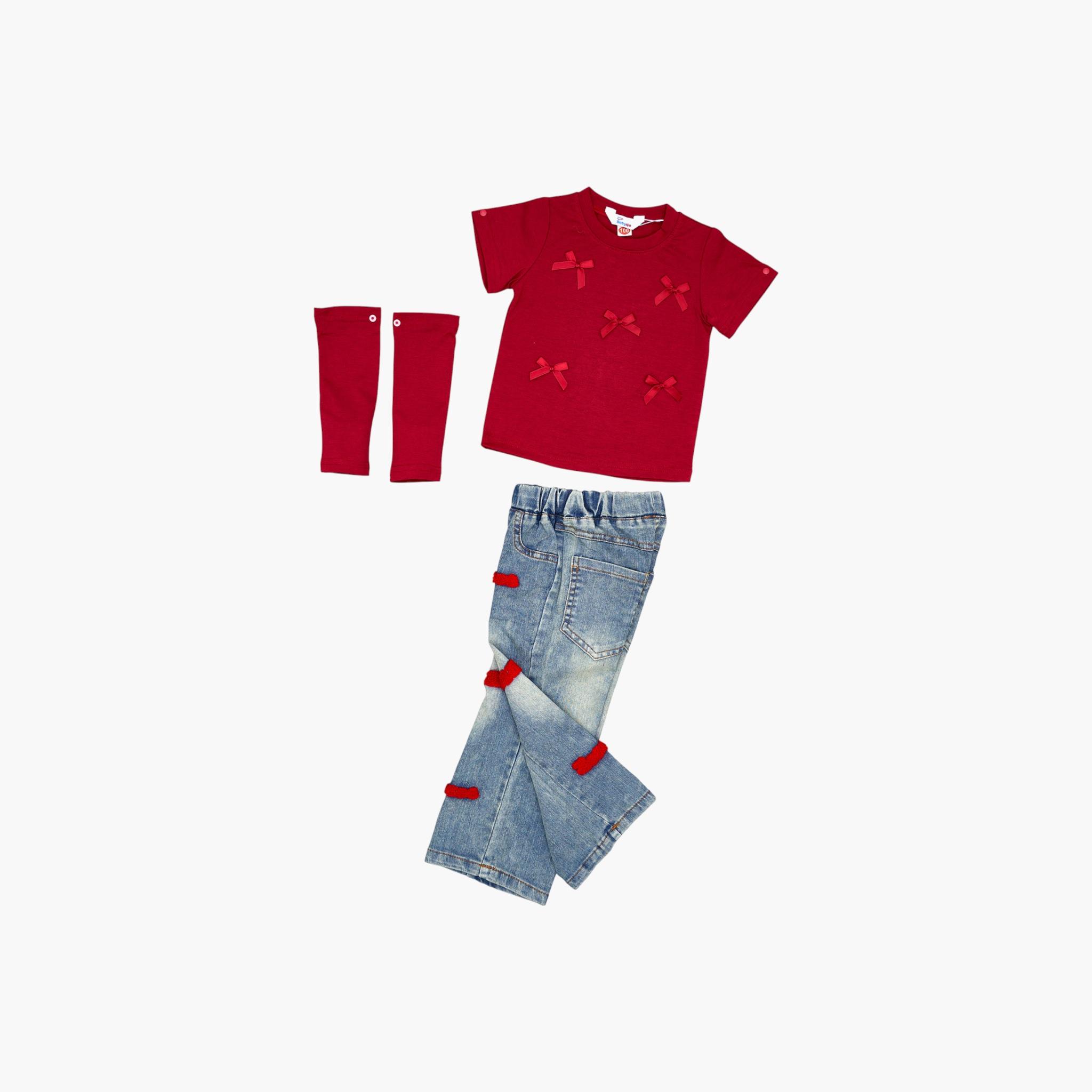 Babyqlo 2-Piece Bow Detailed Top with Detachable Sleeves and Denim Set-girls-clothing-setsandcoords-image-4