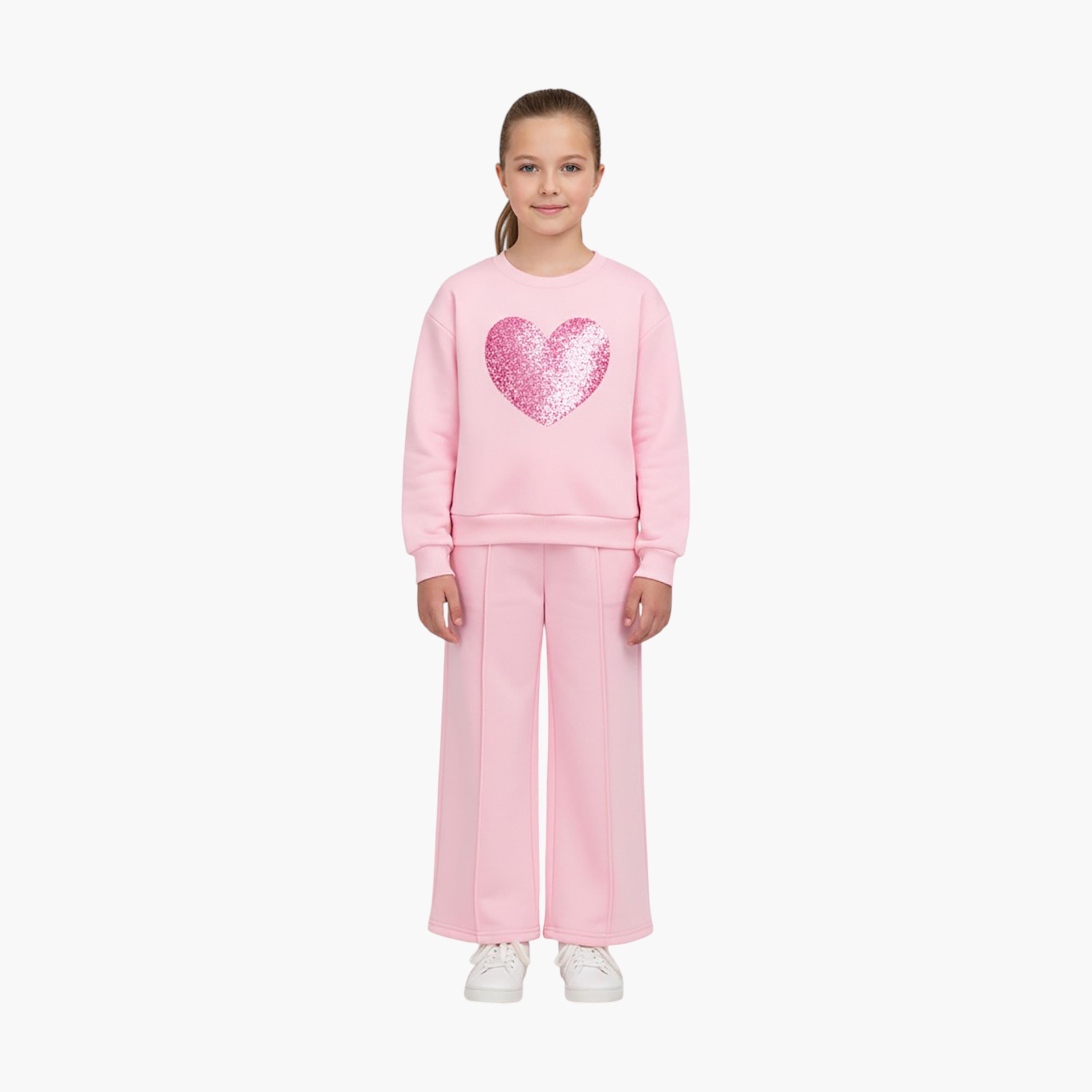 Babyqlo 2-Piece Heart Glitter Embellished Sweatshirt with Flared Track Pants Set-girls-clothing-setsandcoords-image-1