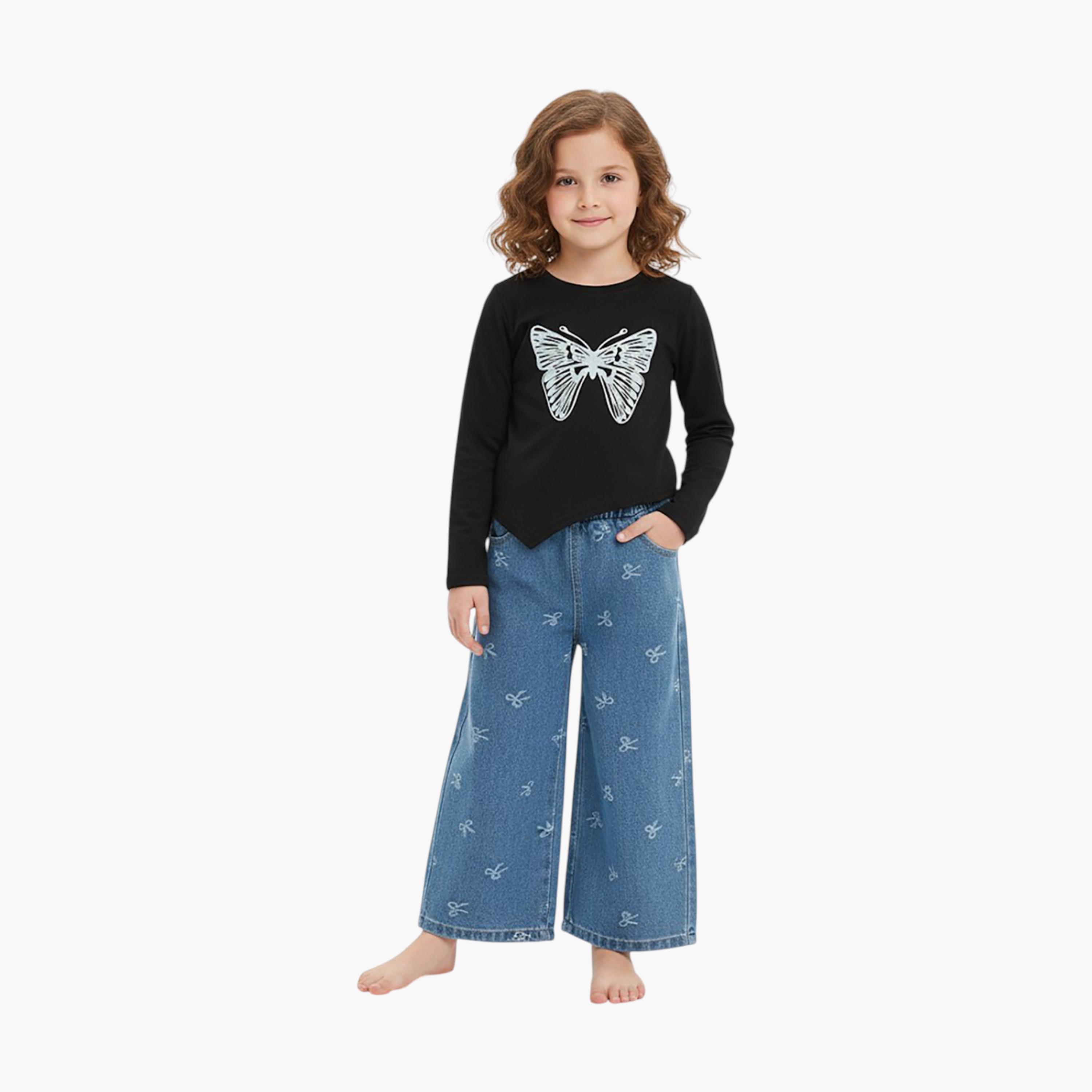 توب من قطعتين بطبعة فراشات مع بنطال جينز من بيبيكلو-girls-clothing-setsandcoords-image-1